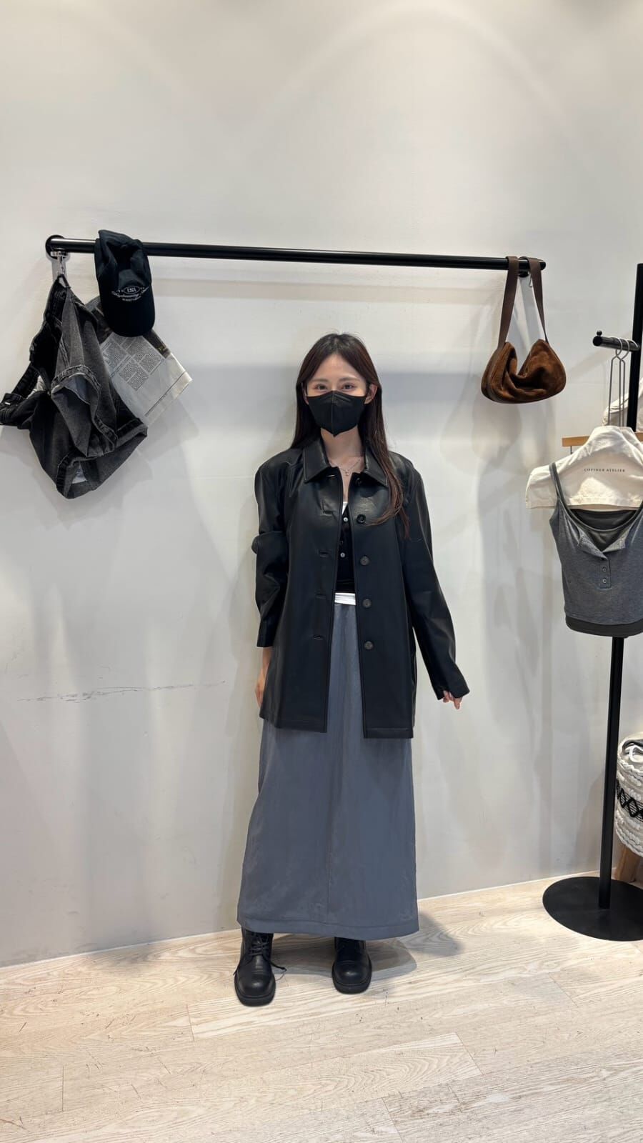 CP7121 法式復古排扣翻領中長皮衣外套