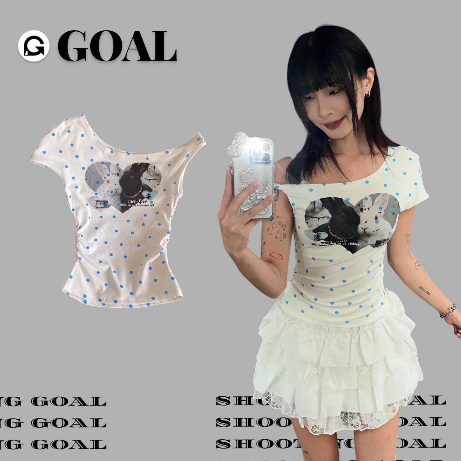 (GOAL) 美式波點愛心兔子斜肩上衣 7525