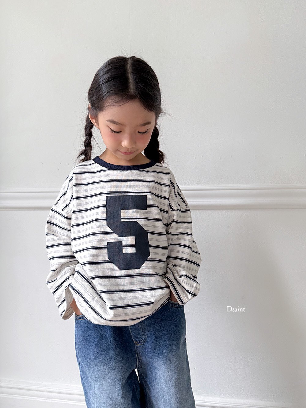 正韓秋Dsaint 兩色數字5條紋上衣