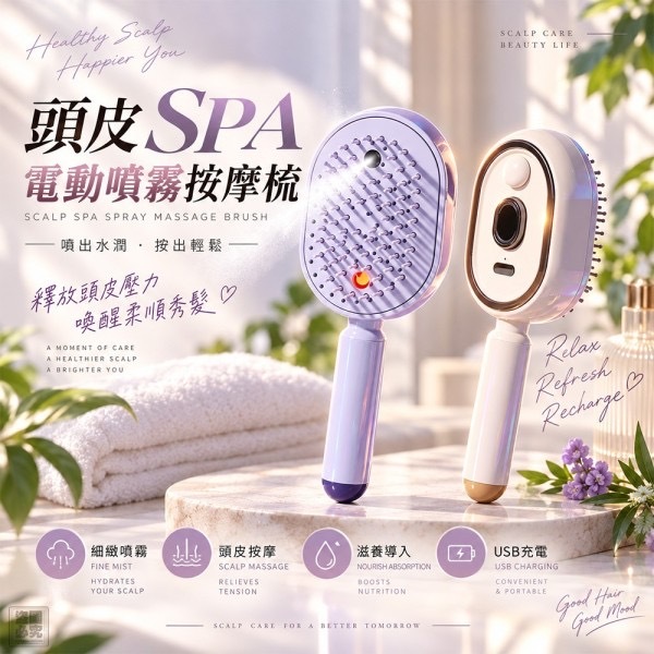 頭皮SPA電動噴霧按摩梳-C