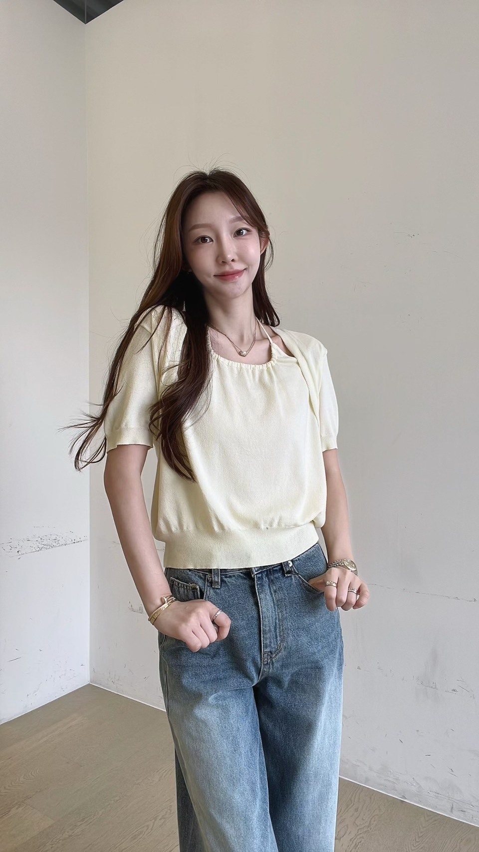 短袖綁脖假兩件針織衫