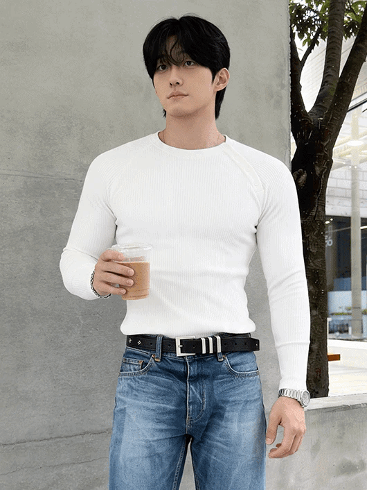 Casual Slim-Fit Ribbed Long-Sleeve T-Shirt with Side Button Detail