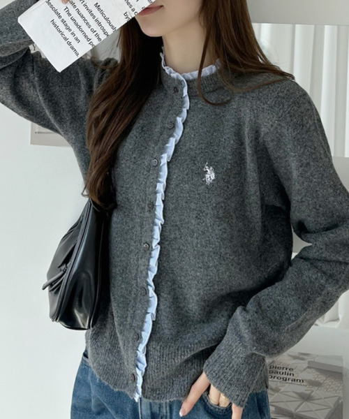 日本🇯🇵連線 U.S. POLO ASSN. x Ada. 混紡荷葉邊針織開襟衫 荷葉邊 針織 開襟衫 長袖 刺繡 3色(任買兩件711免運)/預購
