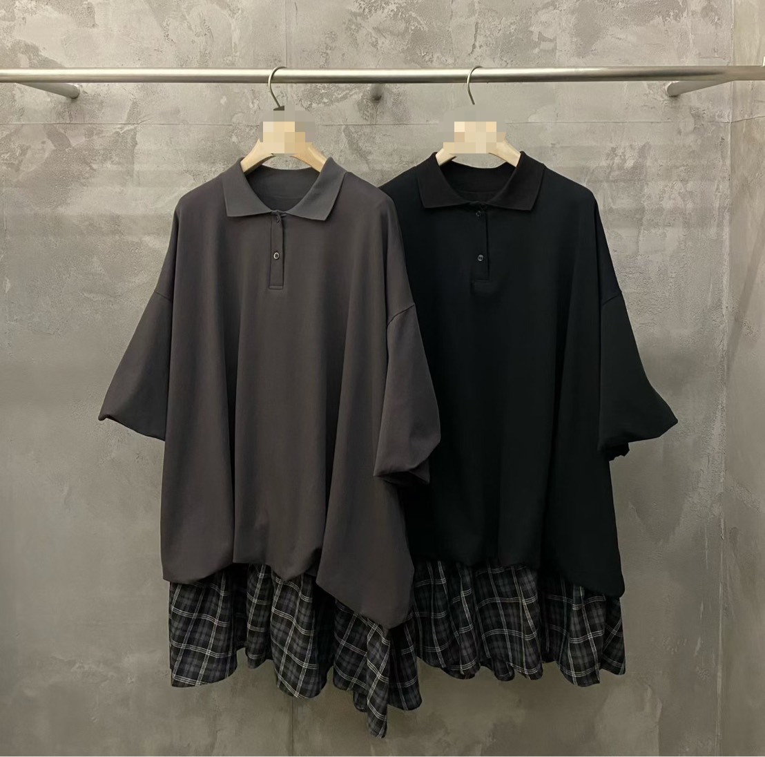 五分泡泡袖polo拚格子短洋裝