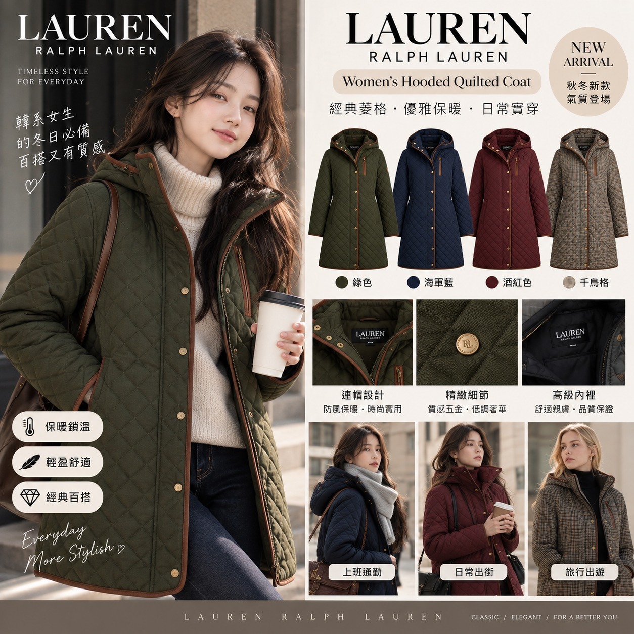 【預購】Lauren Ralph Lauren N091580 女裝連帽絎縫外套