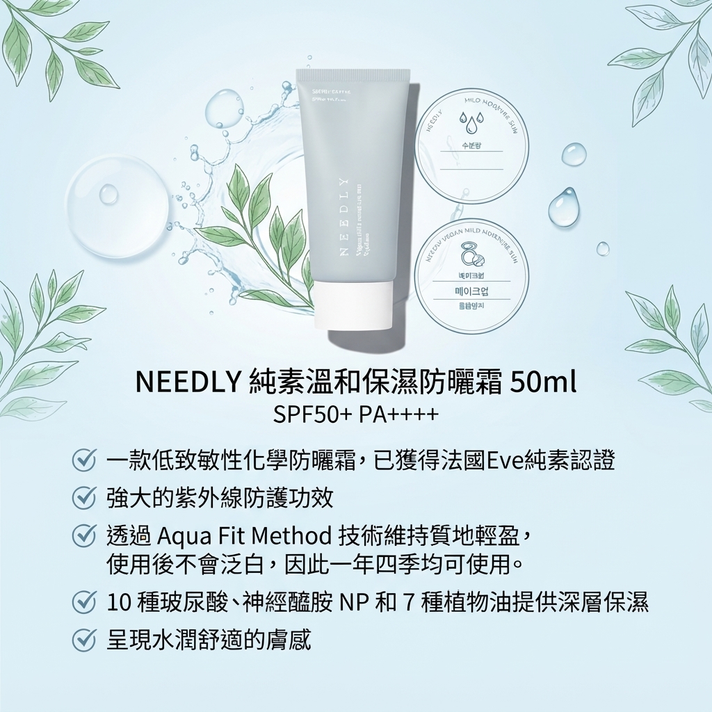 預訂10月上旬到【NEEDLY 純素溫和保濕防曬霜 50ml 活動優惠】SPF50+ PA++++