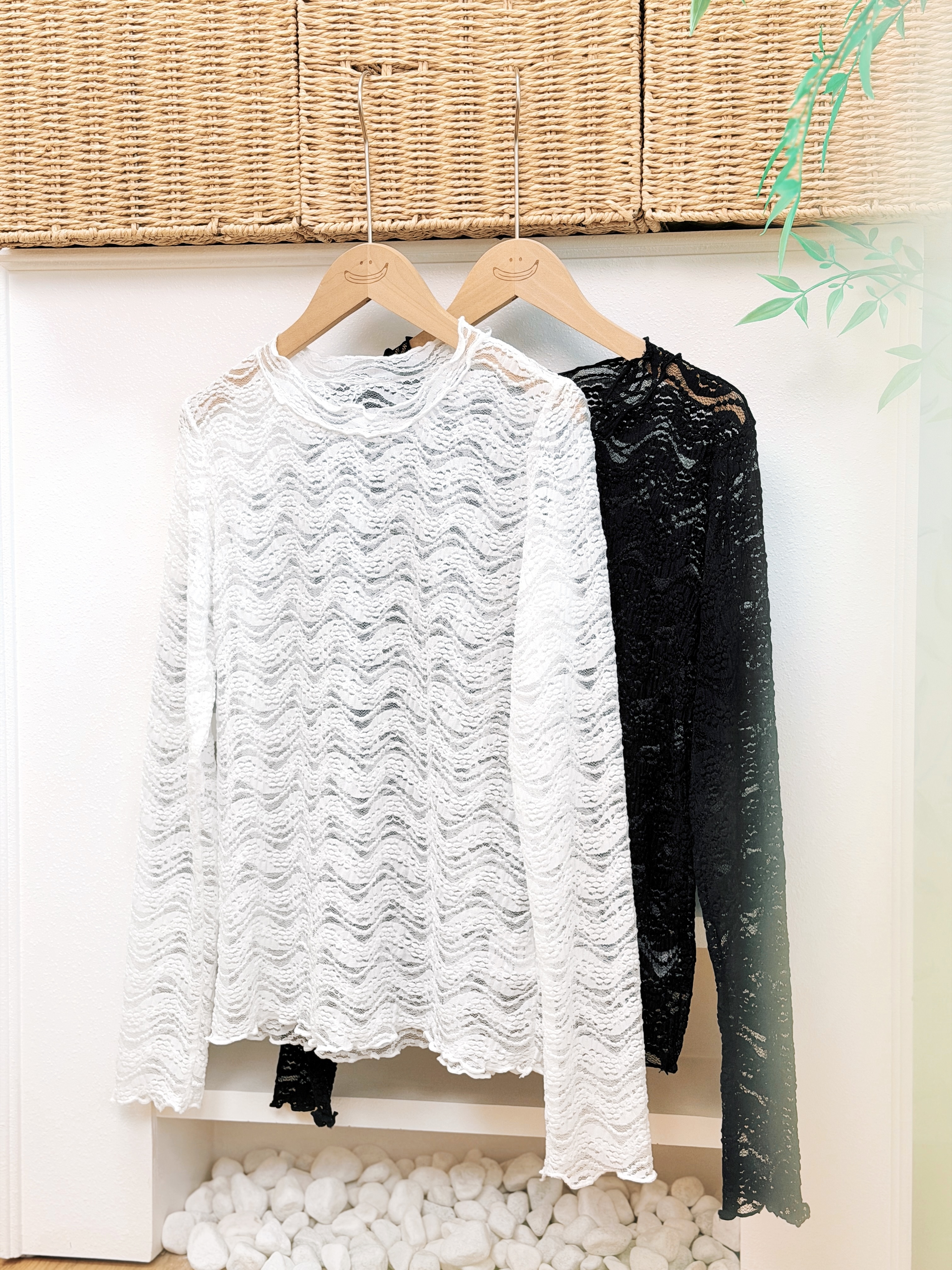 兩色 / 透膚水波紋滾邊長袖上衣 / Sheer Ripple Textured Lace Top