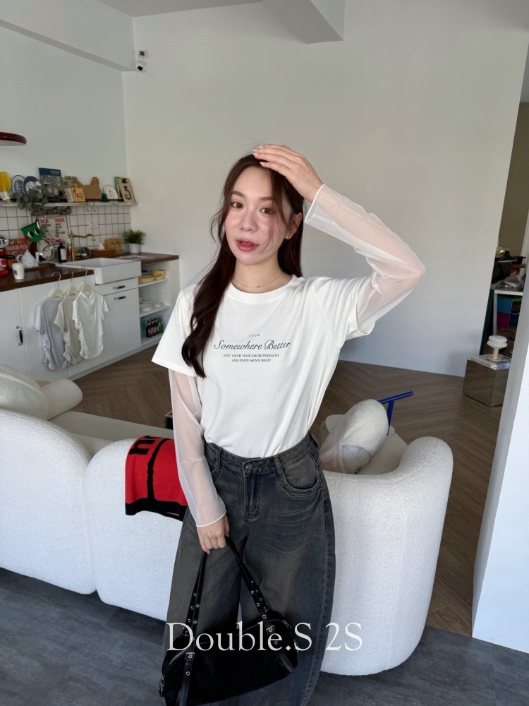 網紗袖!假兩件棉Tee*3色