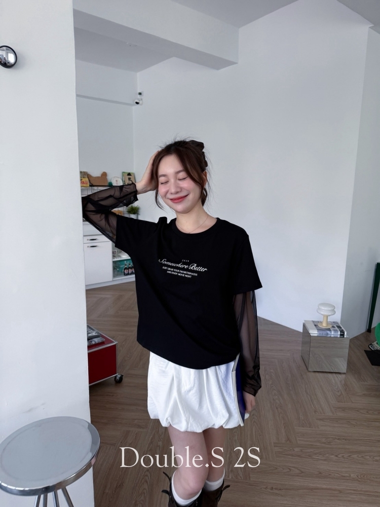 網紗袖!假兩件棉Tee*3色