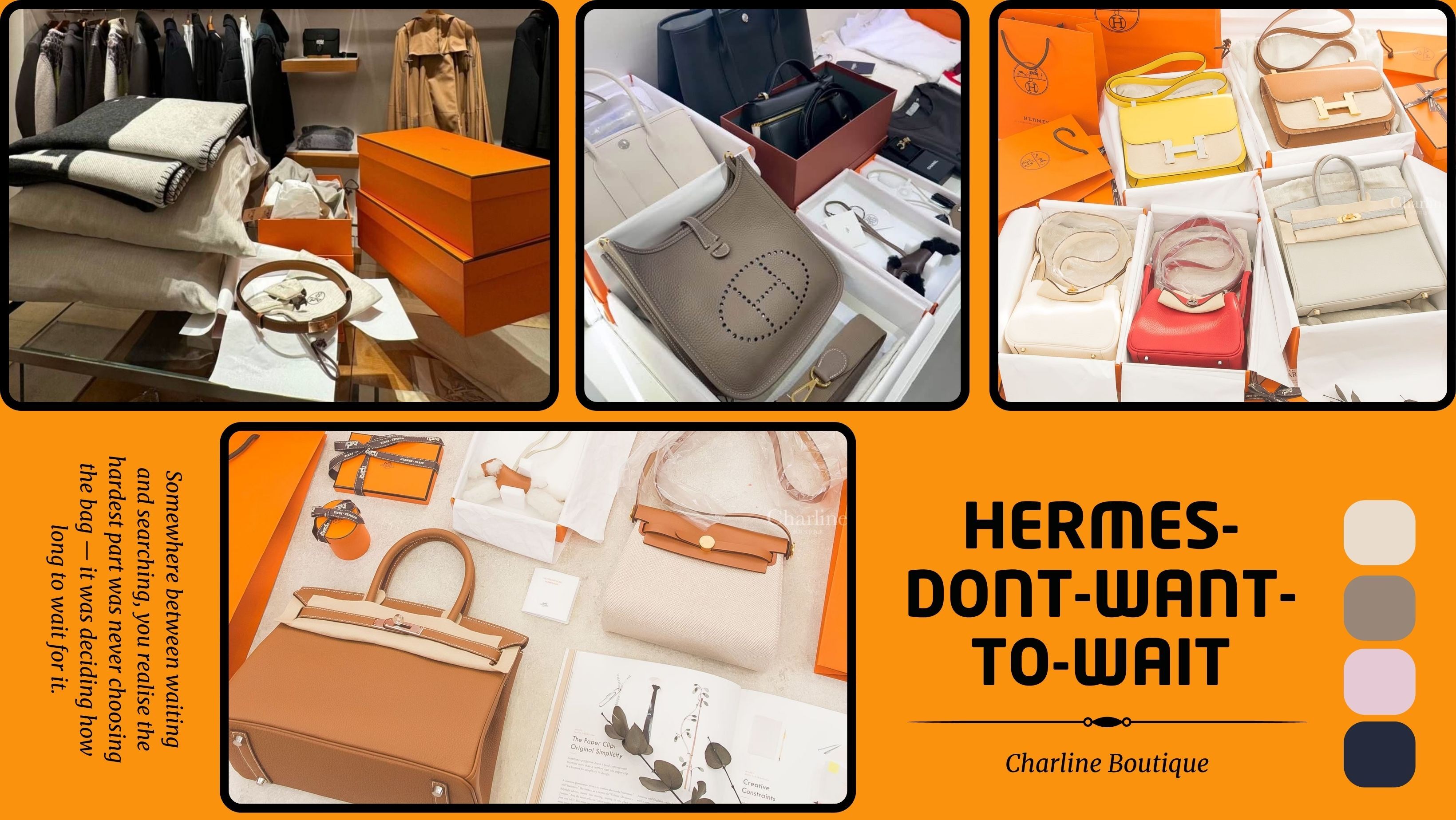Hermès 專櫃購物情境、橘盒與多款包袋第一方實拍拼貼|Charline Boutique