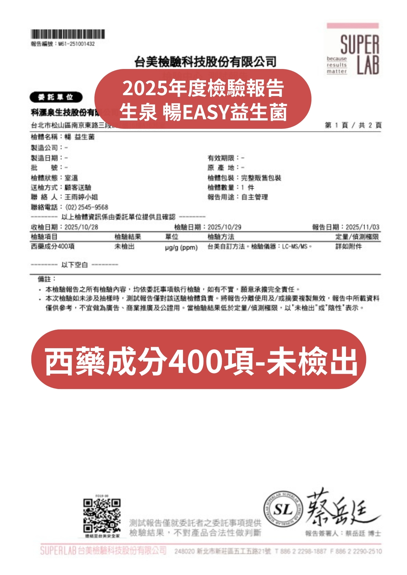 台美檢驗科技西藥成分檢驗報告