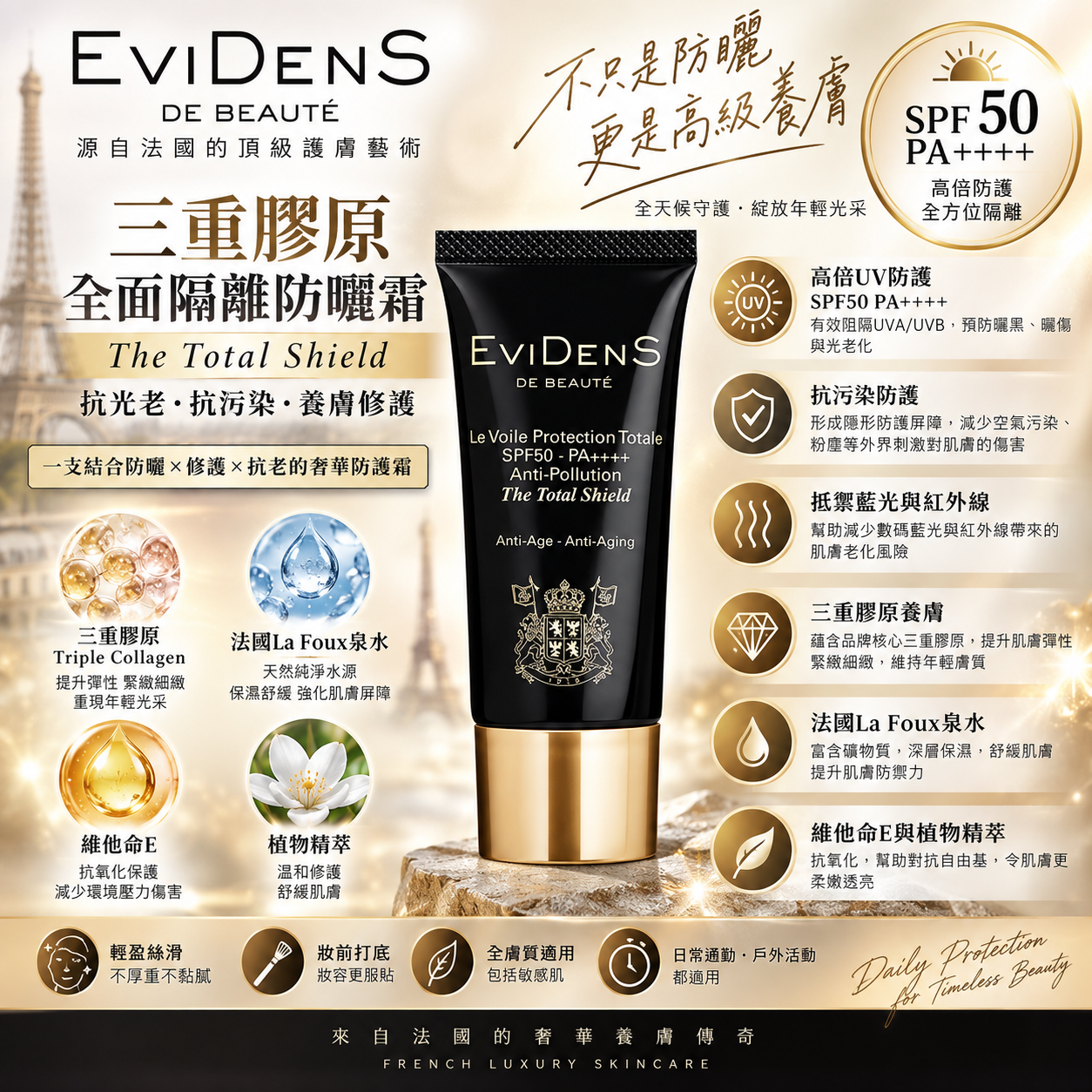 法國 EviDenS de Beauté 伊菲丹【正品】三重膠原全面隔離防曬霜 SPF50 PA++++ 趙露思品牌直播熱搜同款