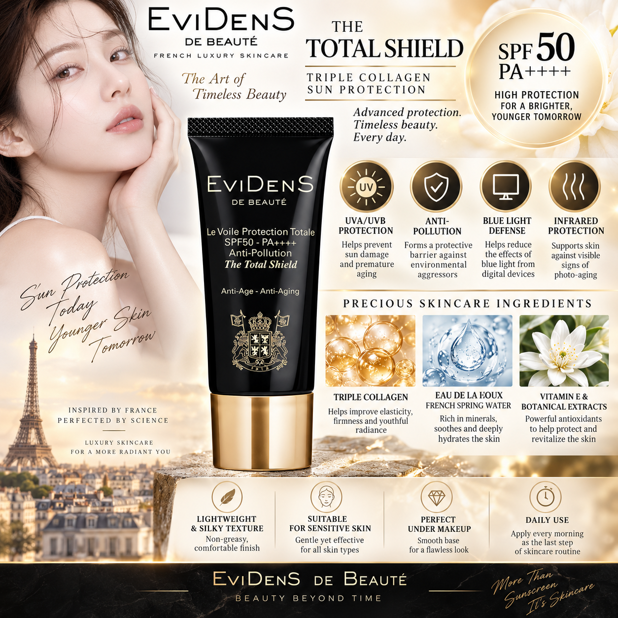法國 EviDenS de Beauté 伊菲丹【正品】三重膠原全面隔離防曬霜 SPF50 PA++++ 趙露思品牌直播熱搜同款
