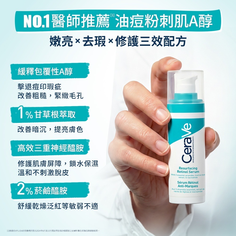 CeraVe適樂膚A醇勻亮修護精華,主打緩釋包覆性A醇、甘草根萃取與三重神經醯胺,專為油痘粉刺及敏感肌設計