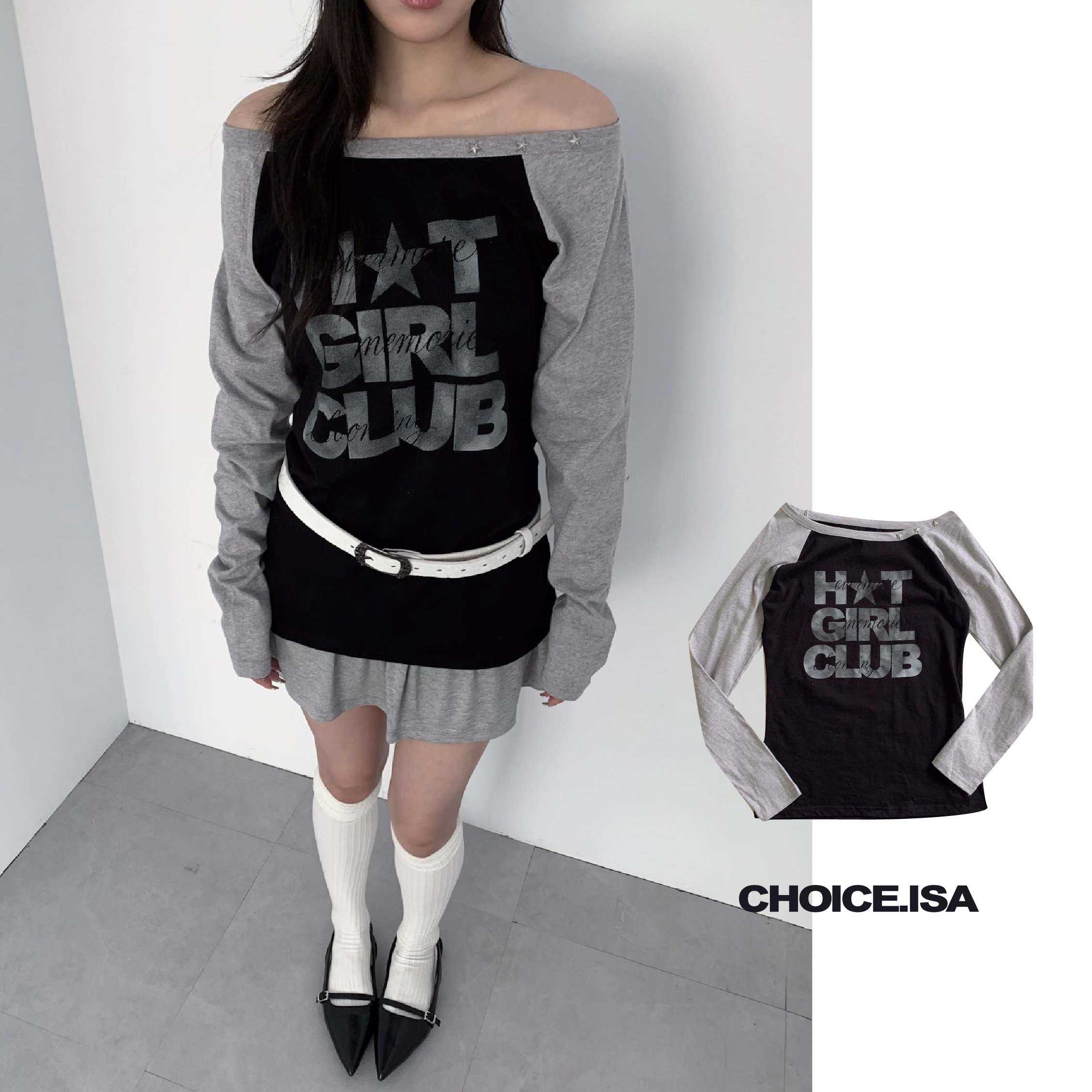 ISA_HOT GIRL CLUB! 鉚釘星星斜肩上衣_68040