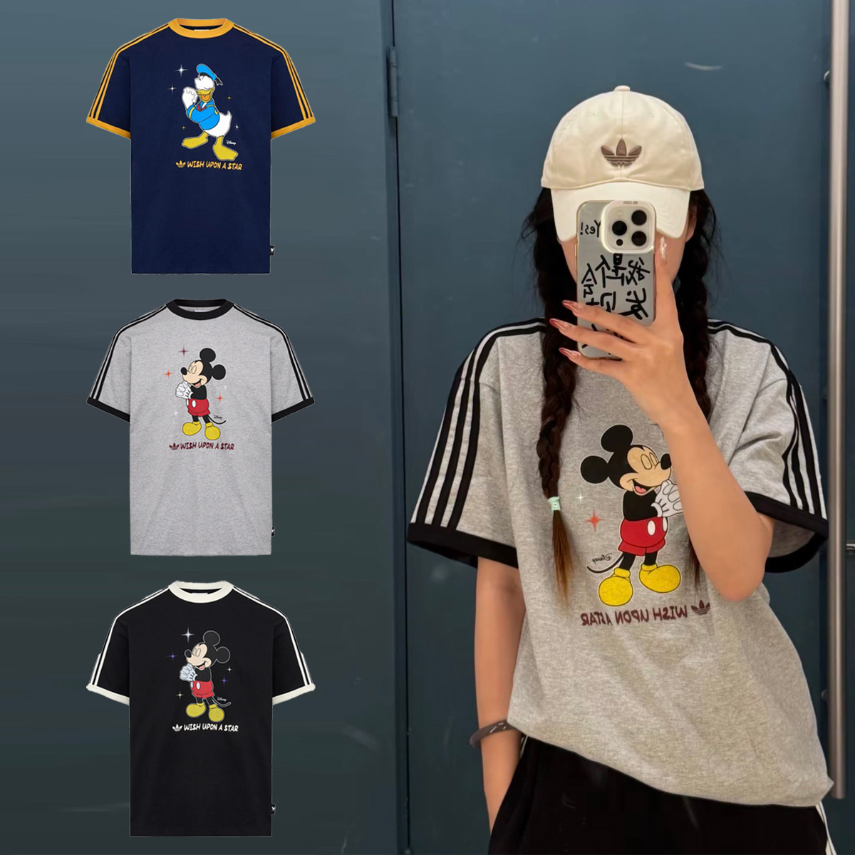 男女款 ADIDAS X DISNEY MICKEY / DONALD DUCK WISH TEE 黑 灰 深藍 米老鼠 米奇 唐老鴨 迪士尼 聯名款 許願 印花 寬鬆 三葉草 短T【KT7774/KT7775/KT7776】ADLP