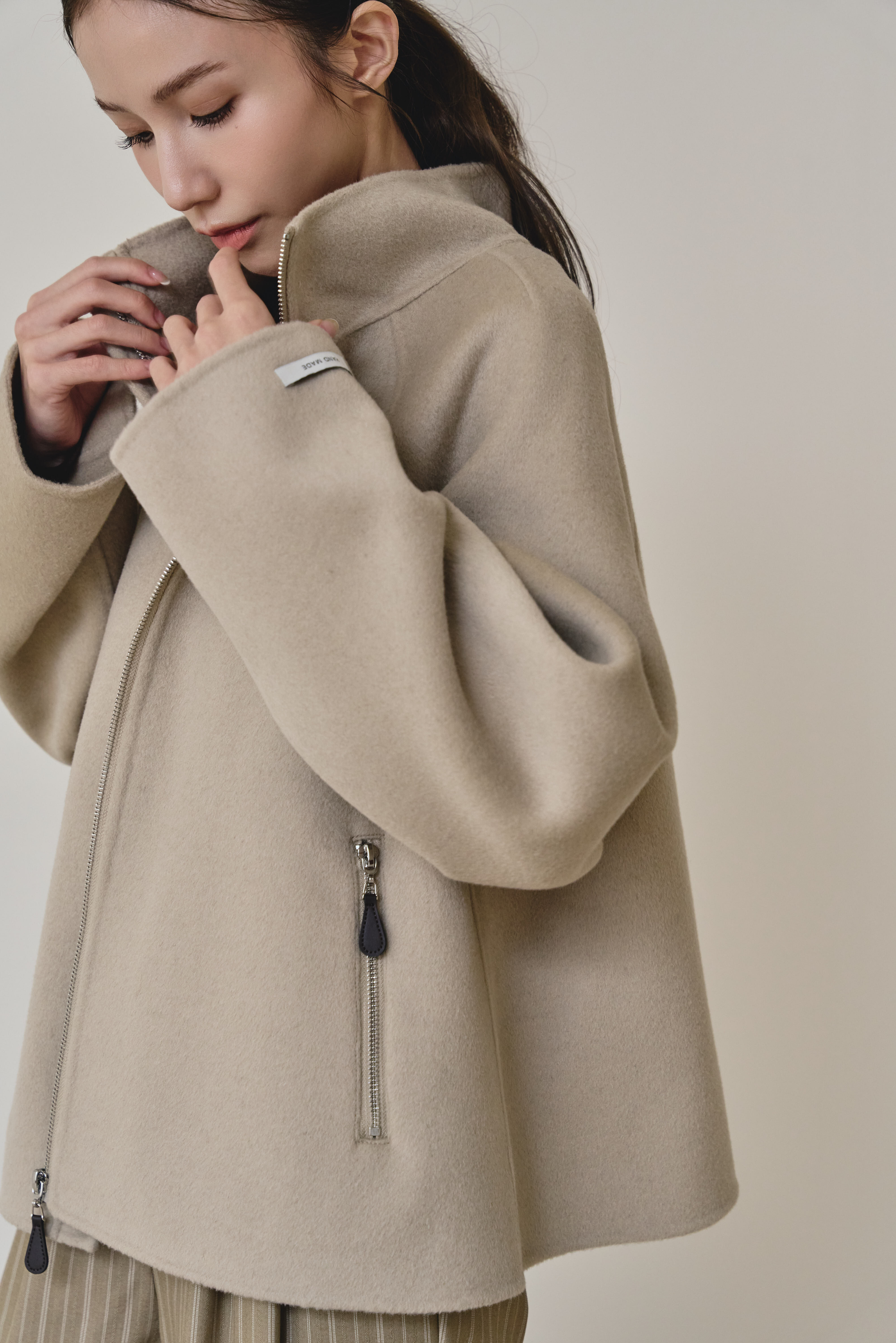 【早鳥】100% wool 拉鍊立領手工羊毛大衣-燕麥杏
