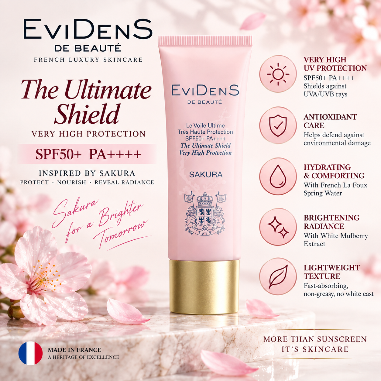 法國 EviDenS de Beauté 伊菲丹【正品】櫻花終極防護防曬霜 SPF50+ PA++++ 臻護高倍防曬乳｜三重膠原抗光老防曬
