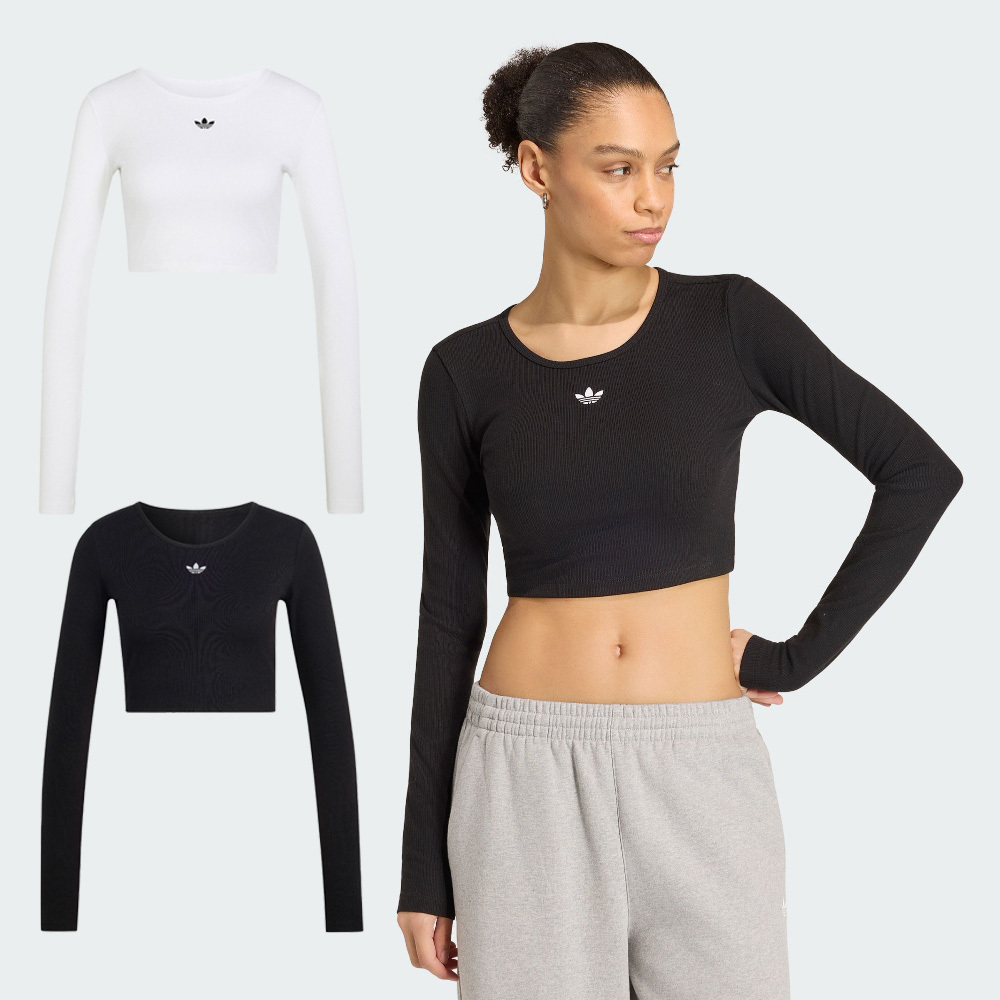 女款 ADIDAS ESS RIB CROP LS 白色 黑色 修身 針織 三葉草 貼身 短版 長T【KR1098/KR1131】ADLP