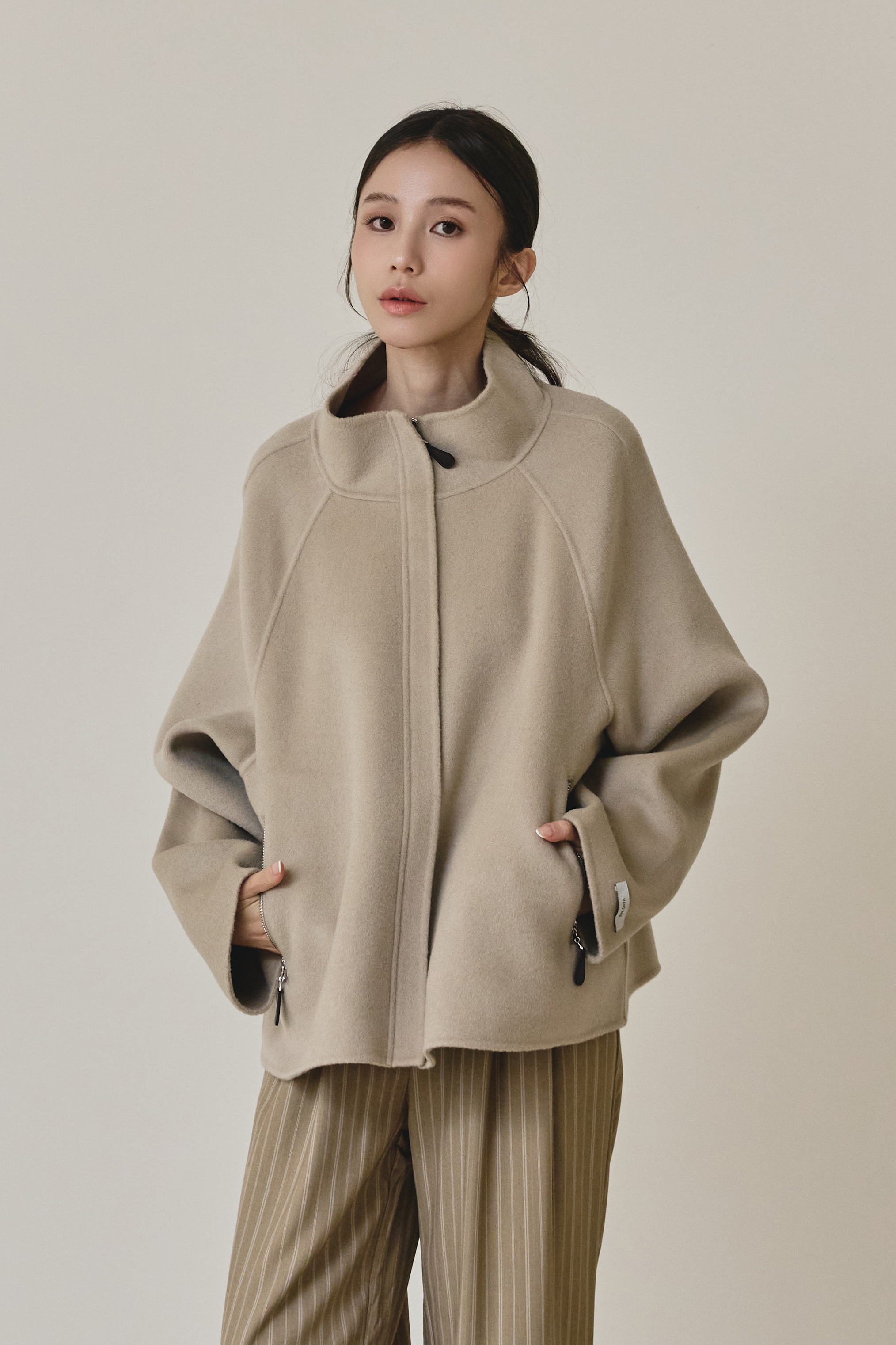 【早鳥】100% wool 拉鍊立領手工羊毛大衣-燕麥杏