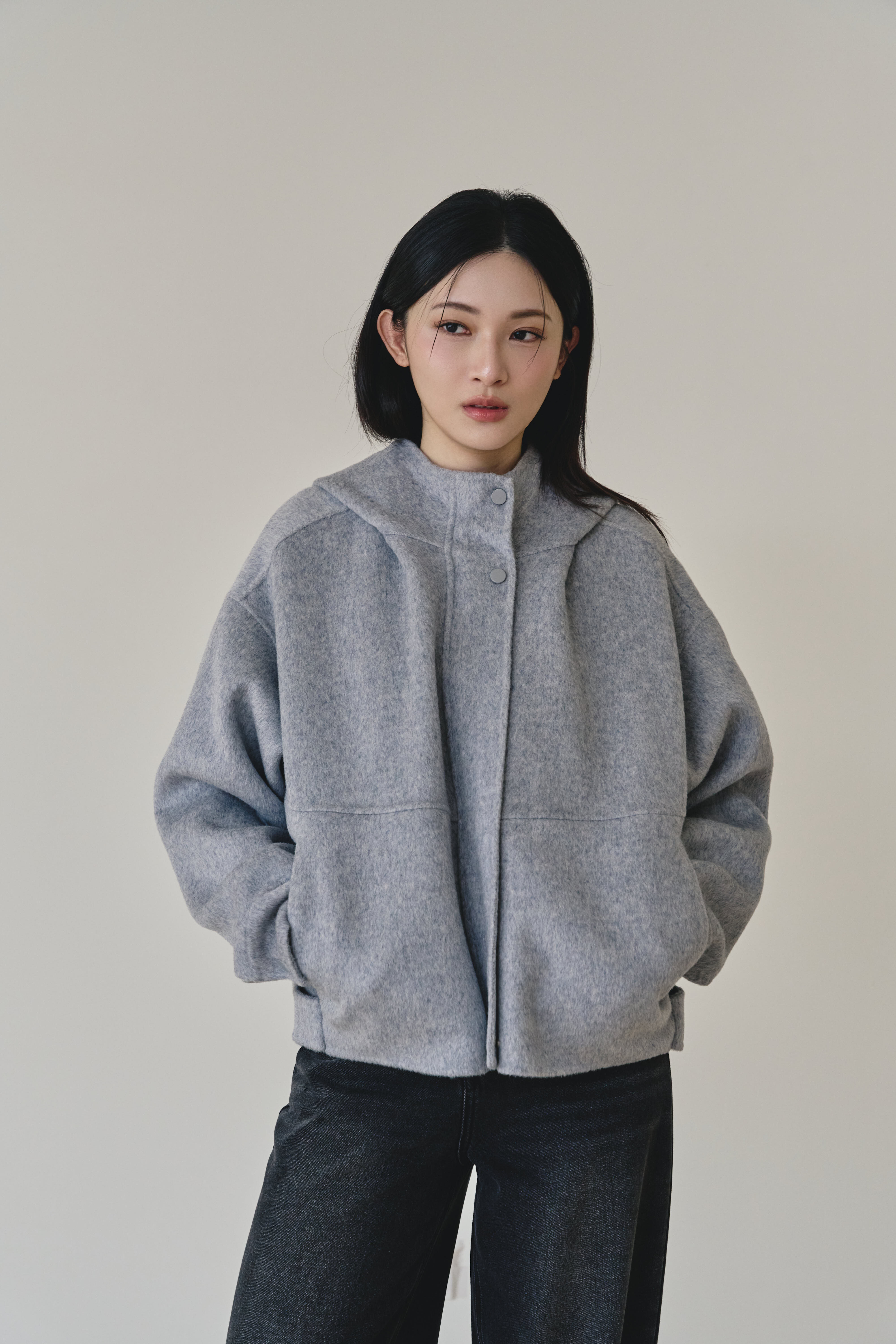 【早鳥】100% wool 立領連帽手工羊毛大衣-淺灰