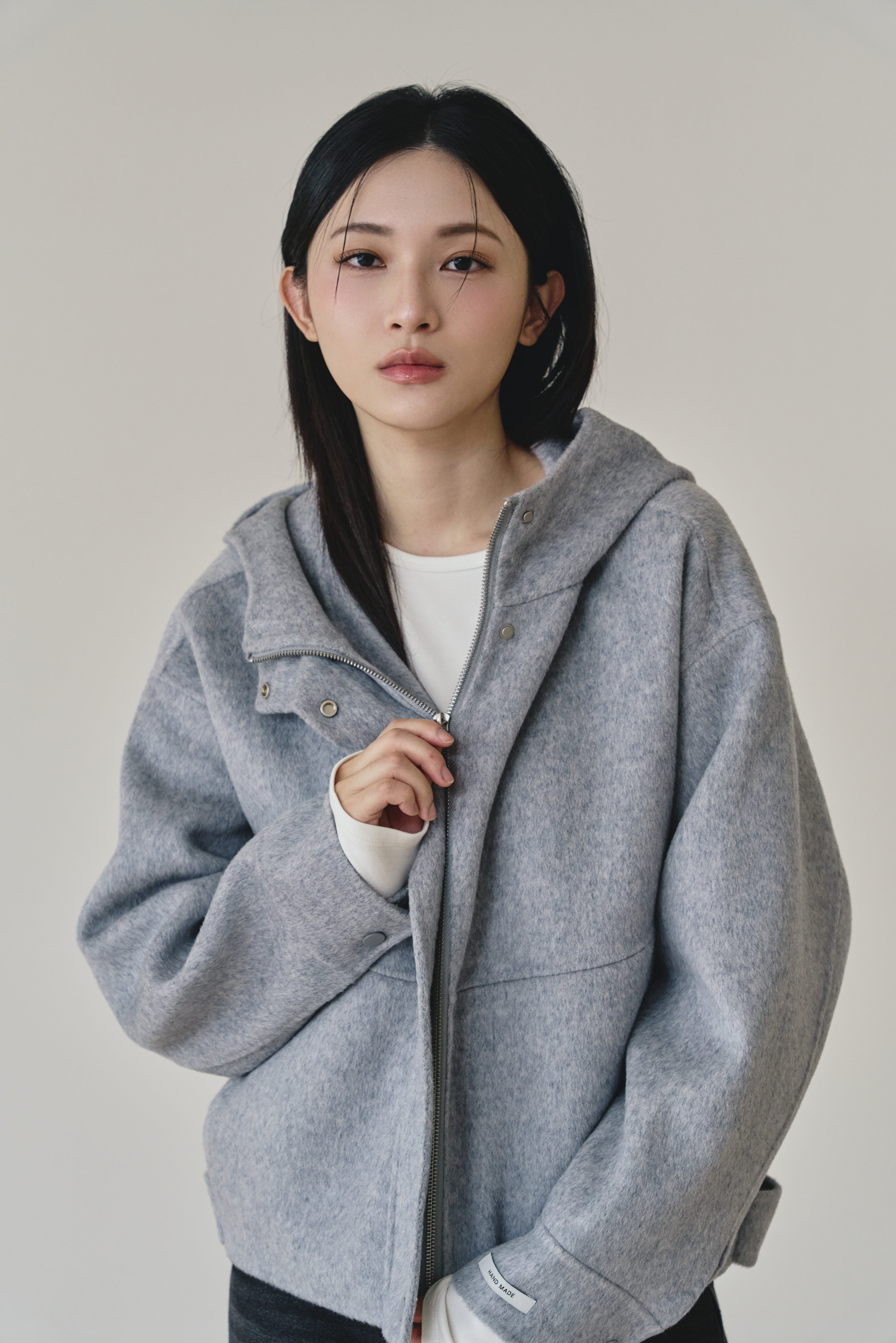 【早鳥】100% wool 立領連帽手工羊毛大衣-淺灰