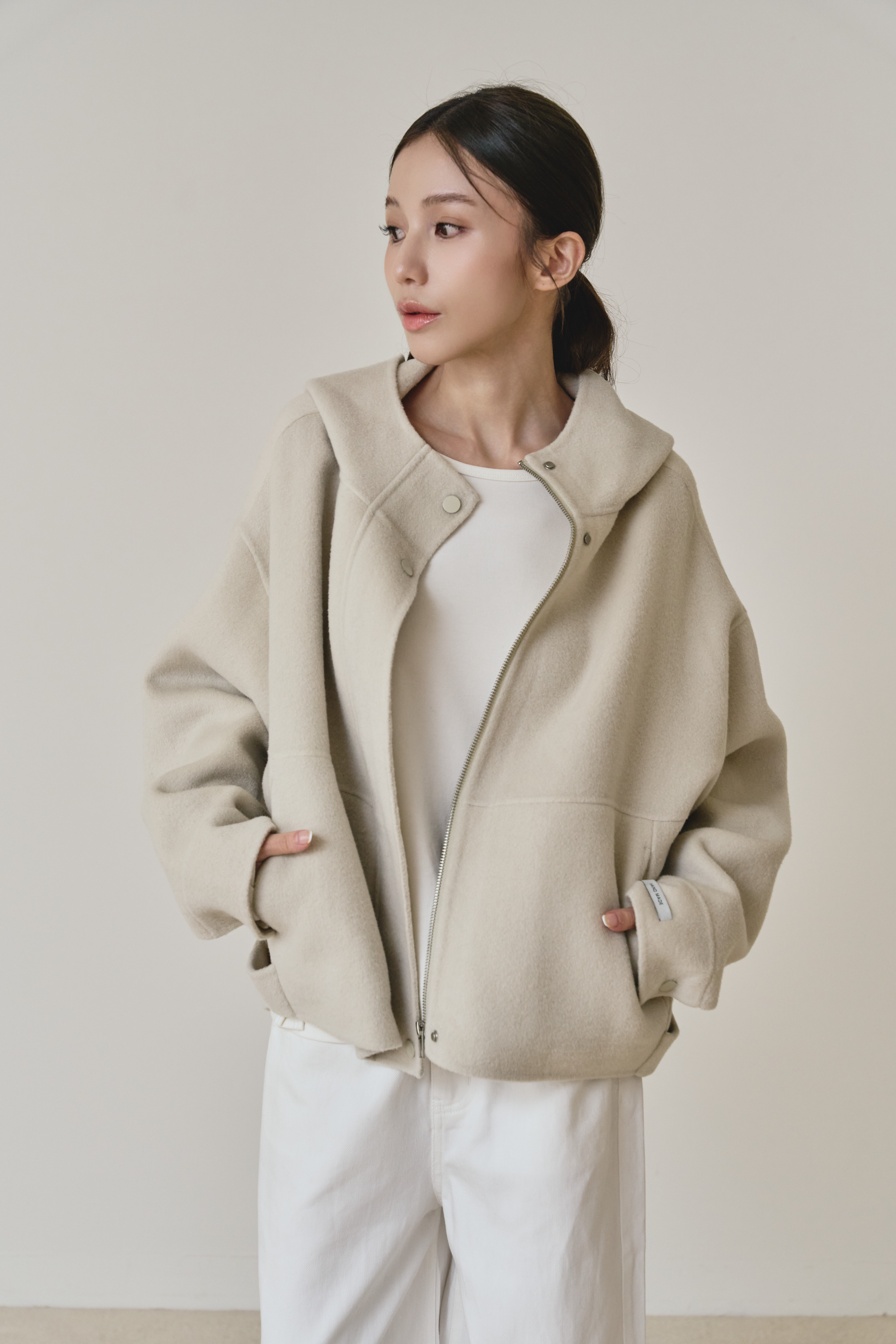 【早鳥】100% wool 立領連帽手工羊毛大衣-杏白