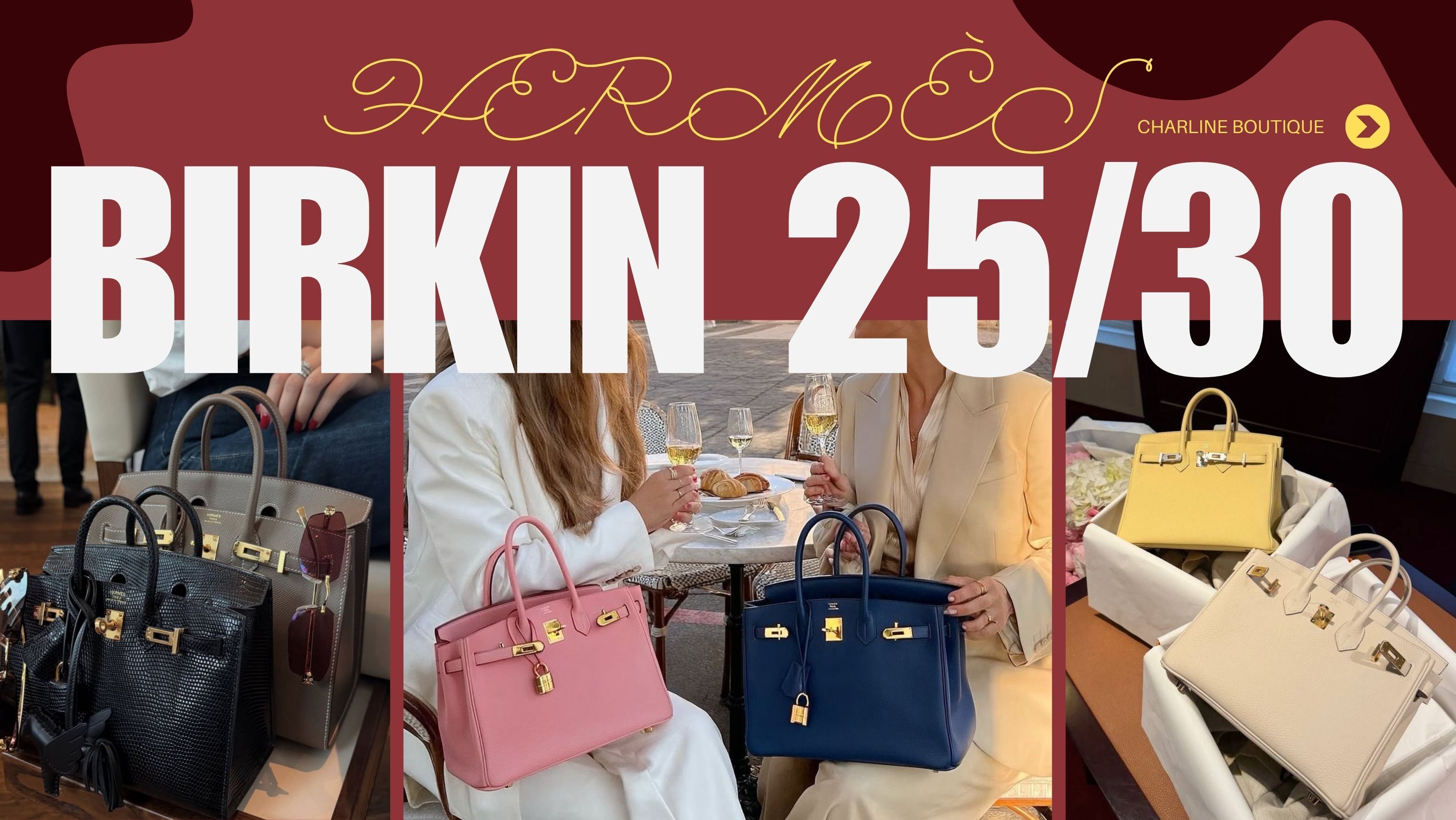Charline Boutique Hermès 包款、皮件與橘盒實拍拼貼,畫面含 Birkin 等包款