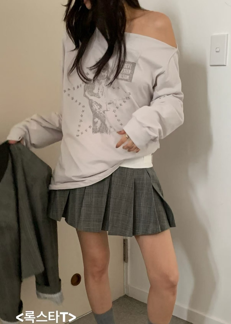 星星拓印露肩長袖T