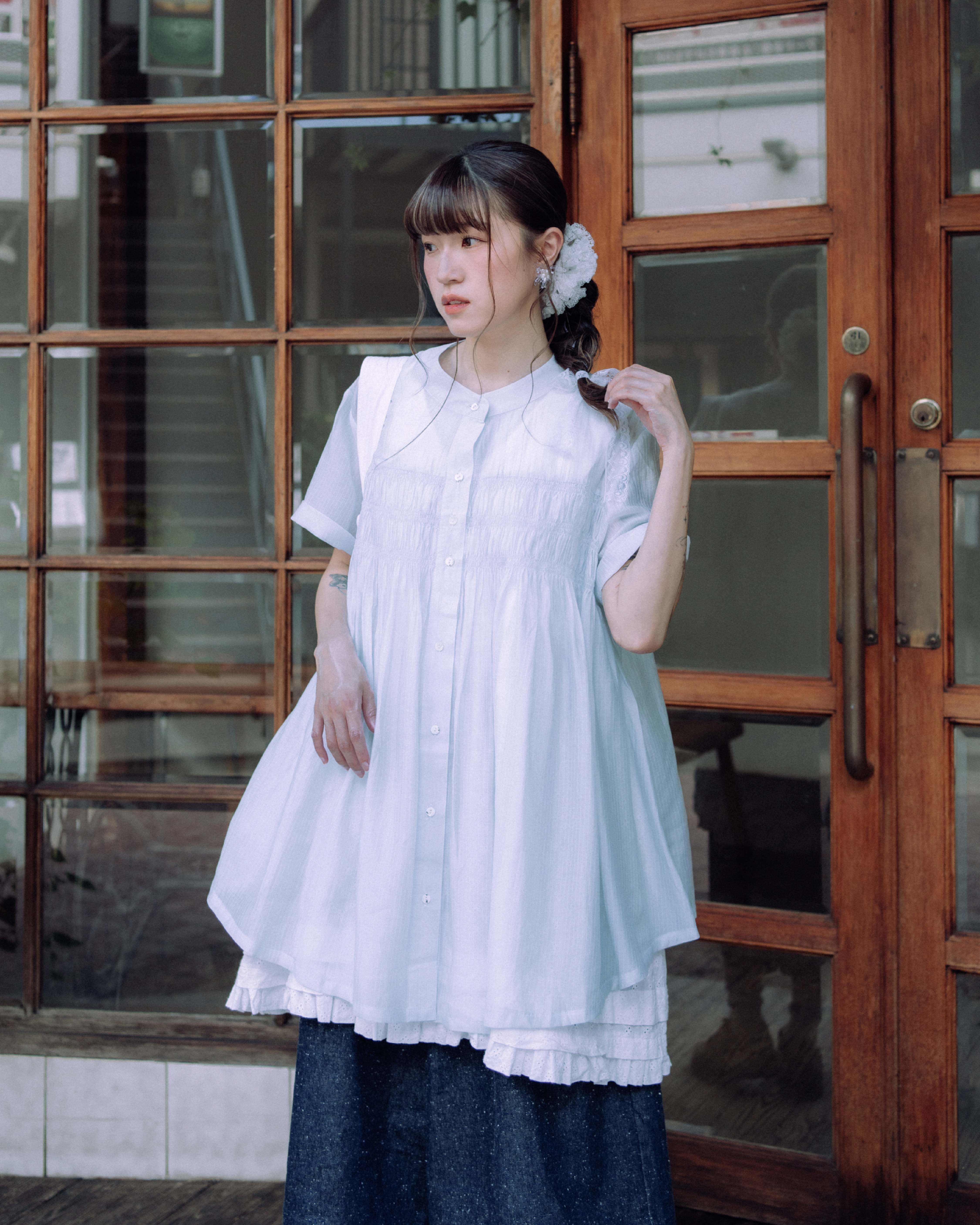 【 Kiki.co made 】Softly Gathered Blouse - Light Blue