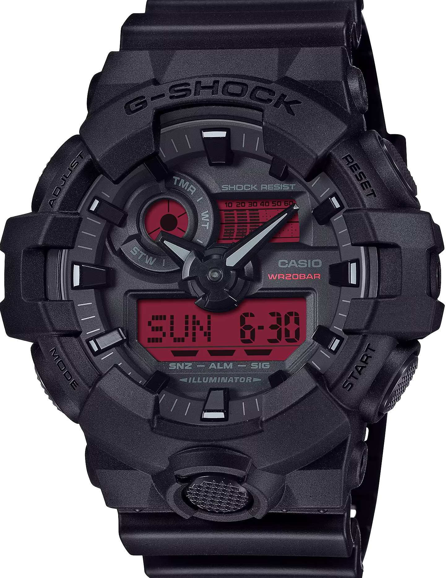 萬年鐘錶 - G-SHOCK  黑紅配色防震雙顯電子錶 GA-700BBR-1 錶徑 : 53.4mm