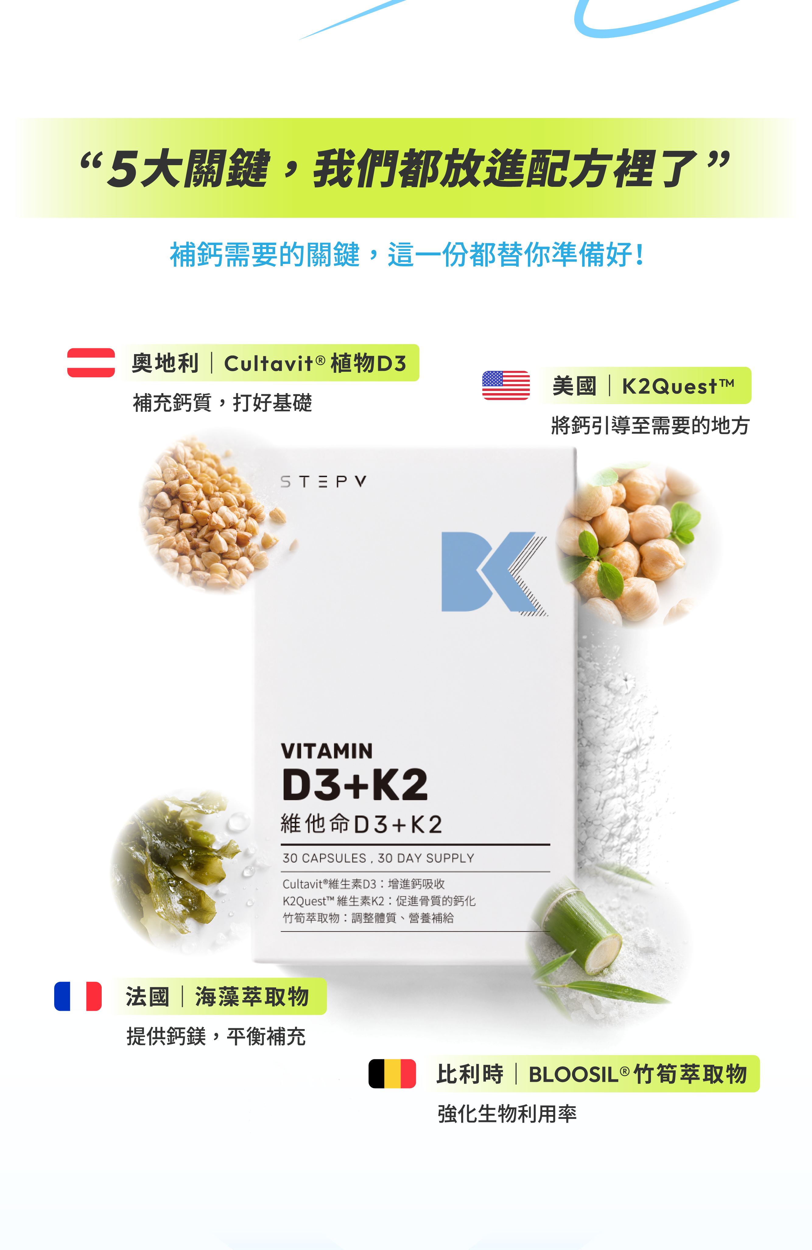 STEPV D3K2五大關鍵配方包含植物D3、K2、海藻鈣與竹筍萃取物