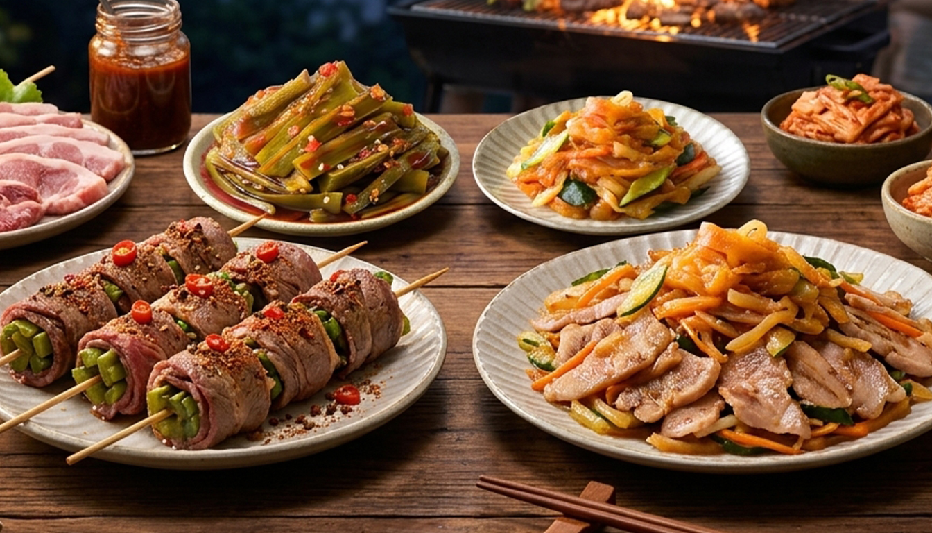 中秋烤肉餐桌擺放協發行偷心貢菜與偷心海蜇,呈現低卡高蛋白涼拌解膩氛圍。