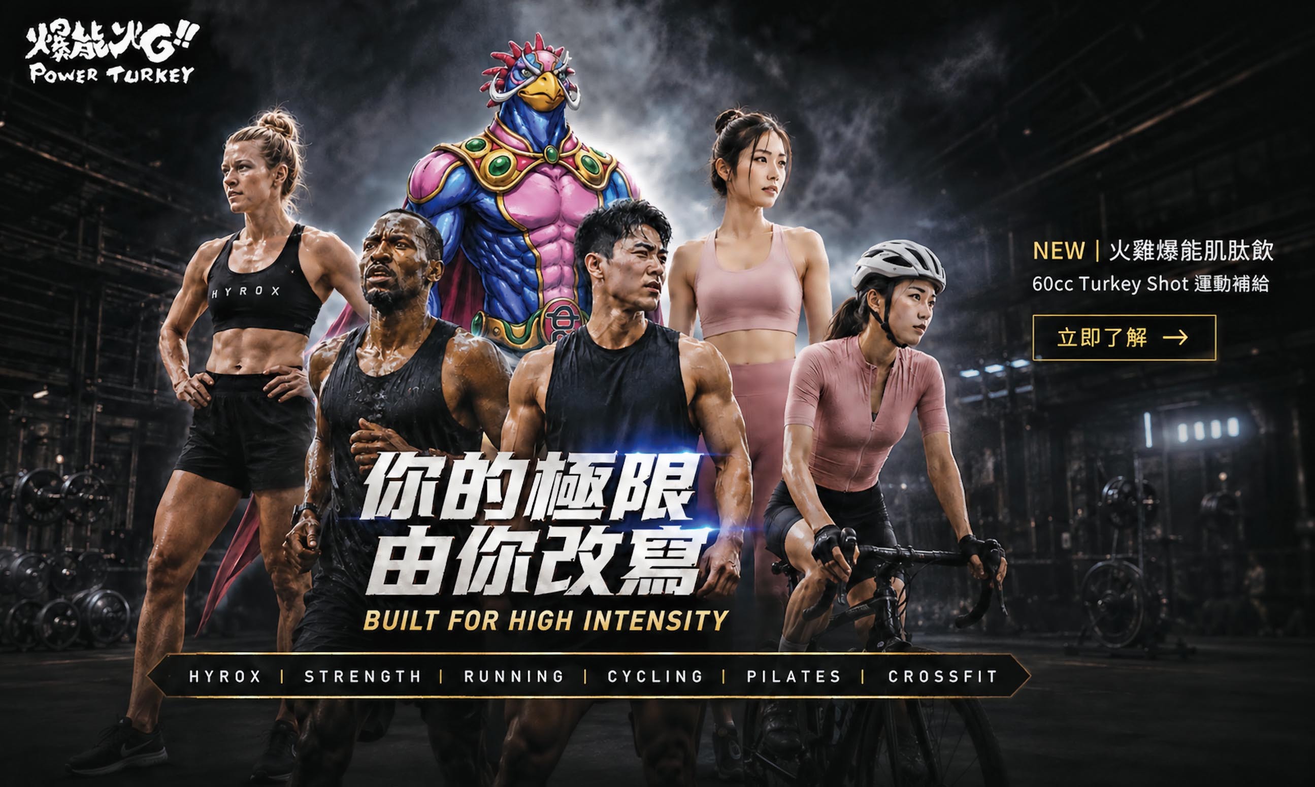 爆能火G_POWER TURKEY 火雞爆能肌肽飲，畫面呈現 HYROX、重訓、跑步、單車與 Pilates 等高強度運動者，中央為火G神IP，主標「你的極限 由你改寫」，右側介紹 60cc Turkey Shot 運動補給新品_爆能火G_趕食髦
