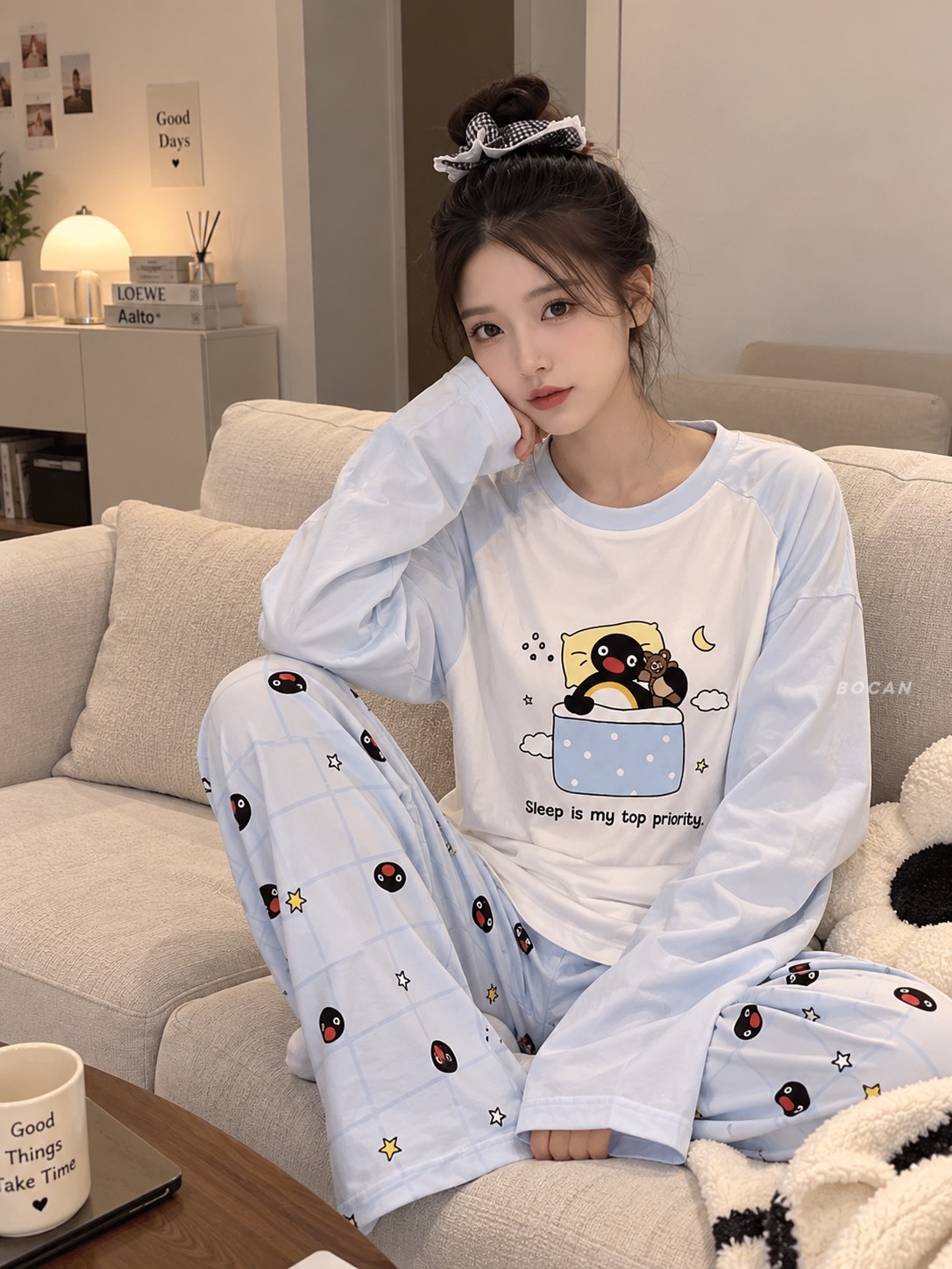 正版授權 PINGU 企鵝家族 睡覺主題 純棉 圓領 長袖 睡衣 居家服