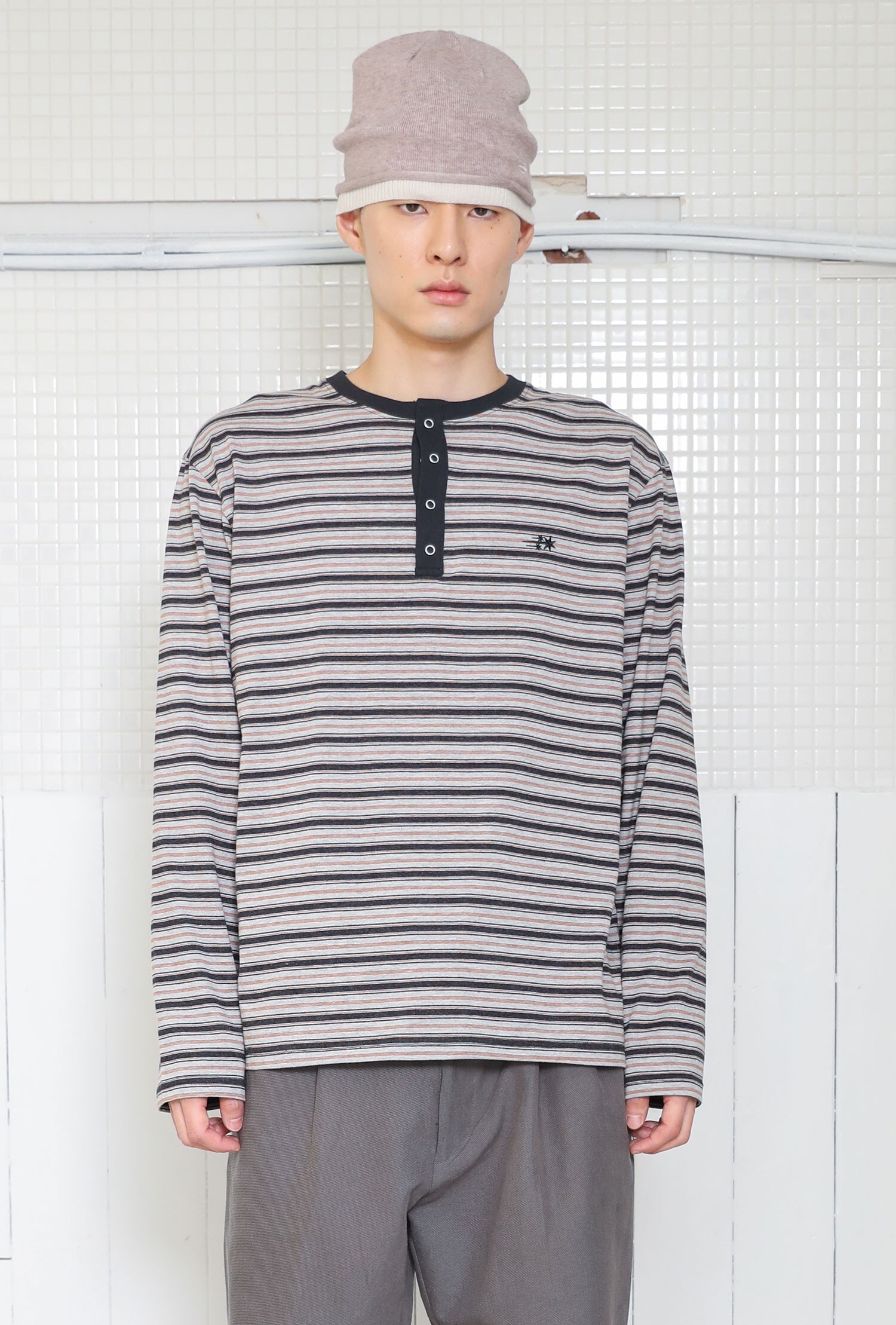Niceghostclub STRIPE HENLEY LS TEE