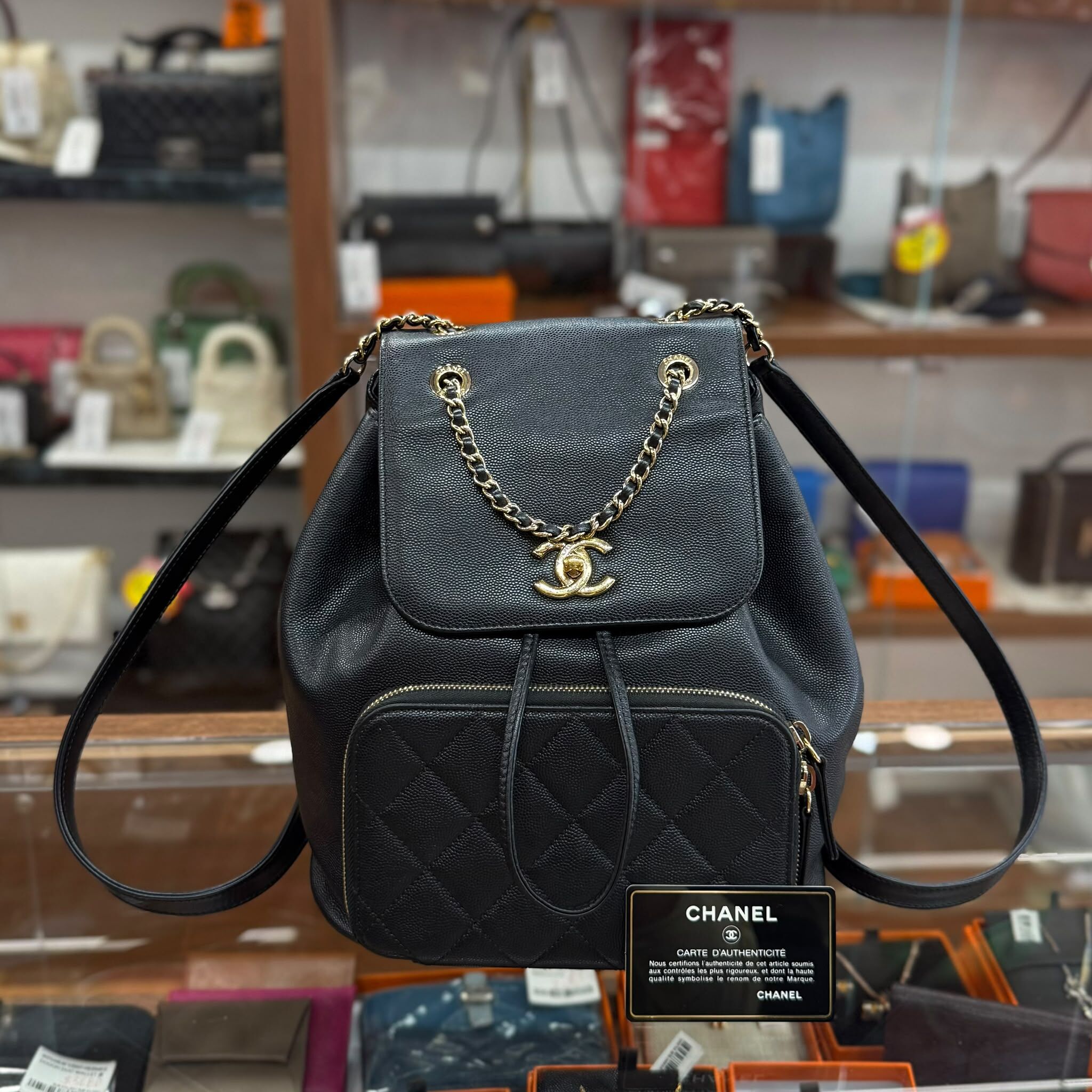 85%NEW USED CHANEL BACKPACK 黑色荔枝皮淡金 BUSINESS ADDINITY  A93748 #香奈兒背包
