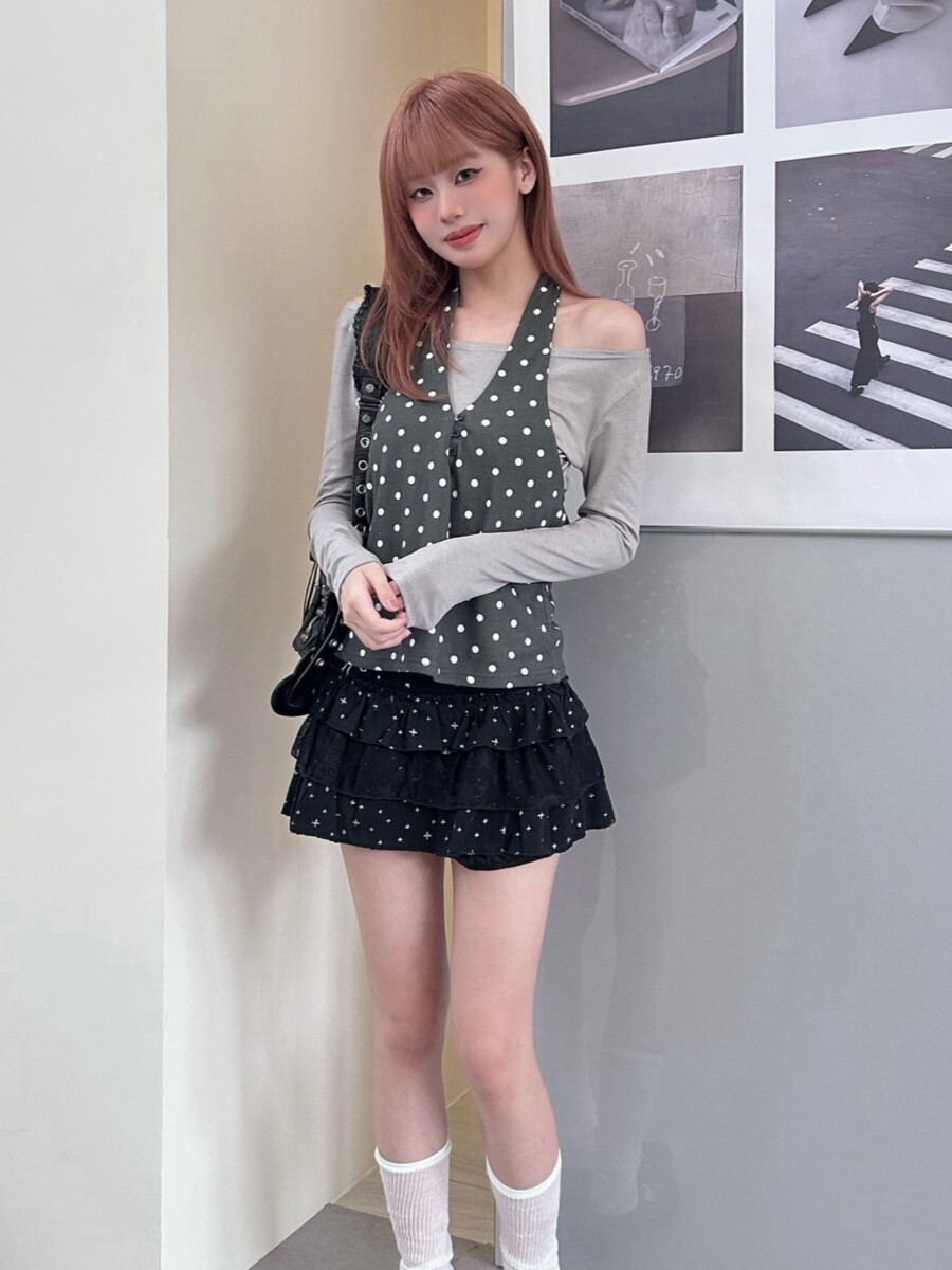 少女夾心糖 寬領波點掛脖真兩件上衣set