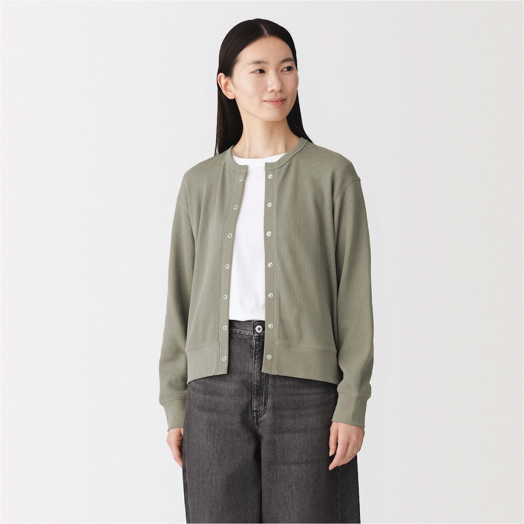女裝有機棉華夫格紋圓領開襟外套