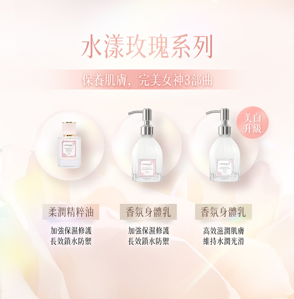 LAMBENCY 水漾玫瑰系列包含柔潤精粹油、香氛身體乳及美白升級版香氛身體乳，打造玫瑰香氛身體保養儀式