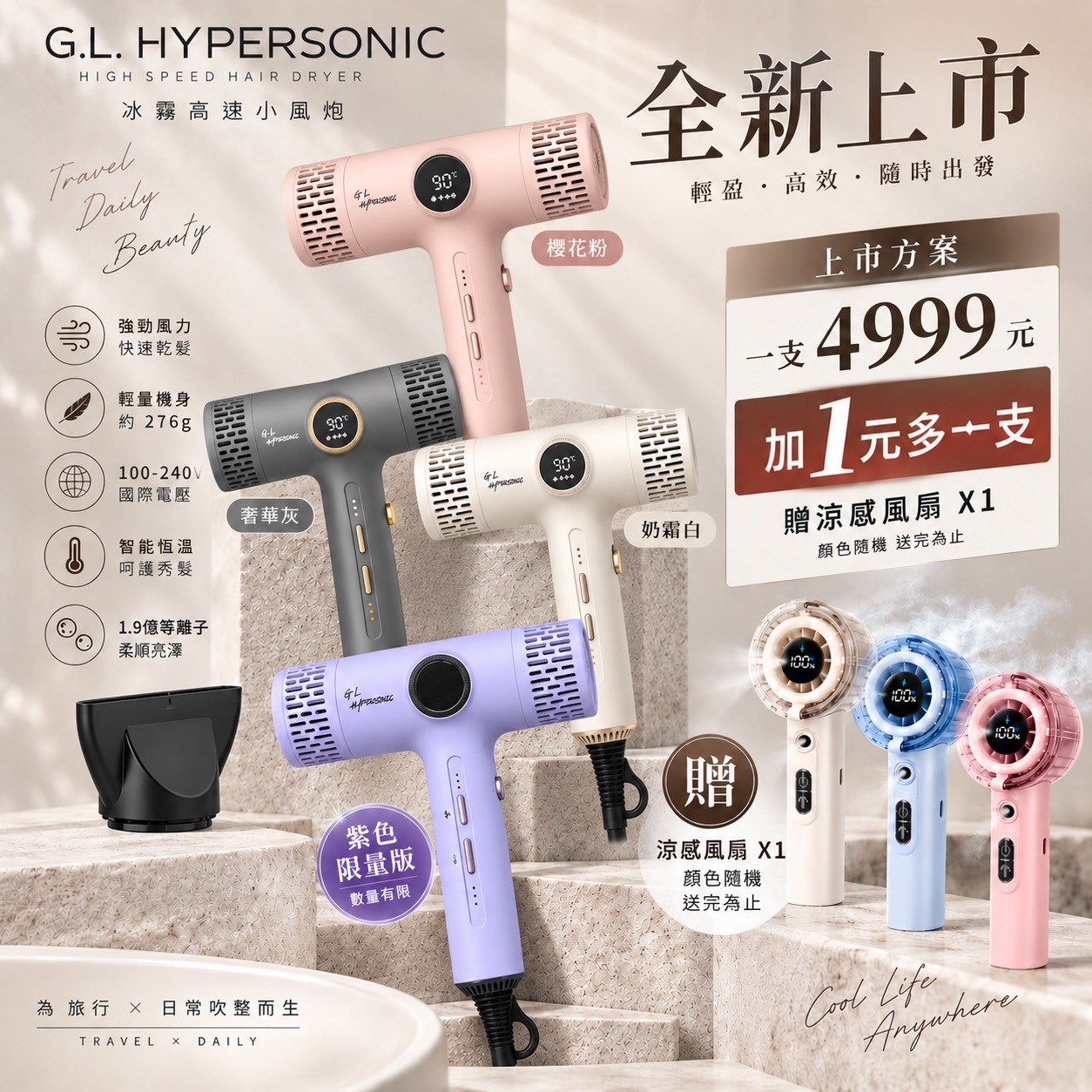 高速等離子吹風機100-240V國際電壓｜276g超輕量｜1.9億等離子｜旅行吹風機
