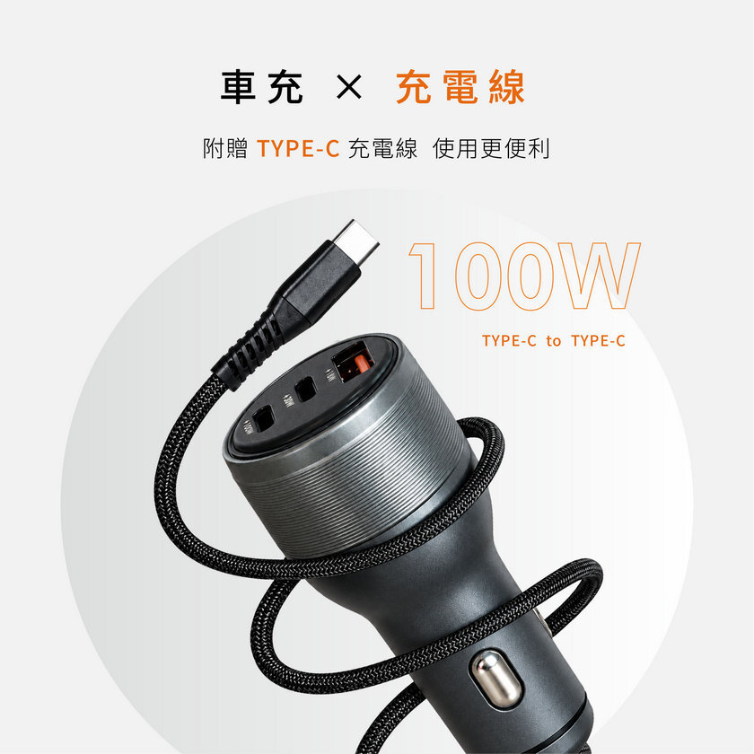 GUXON 車用充電器附贈 100W Type-C 充電線,展示隨附線材與車充本體