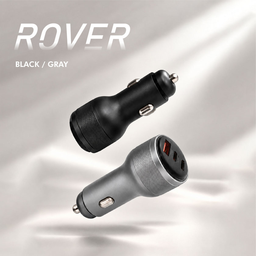 GUXON 車用充電器黑色與灰色雙色商品展示,呈現兩款機身顏色與產品外觀