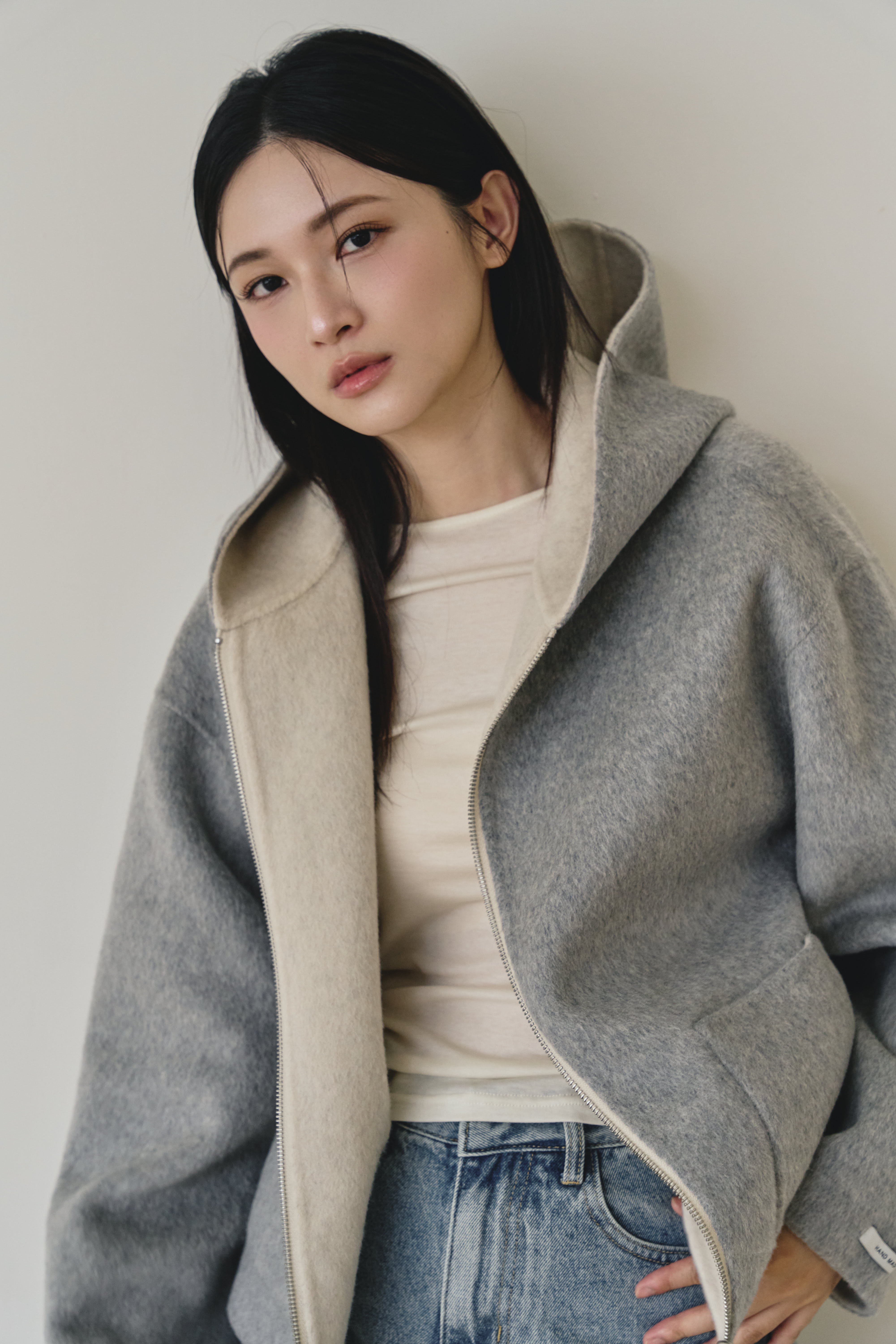 【早鳥】100% wool 雙面穿連帽手工羊毛大衣-淺灰米
