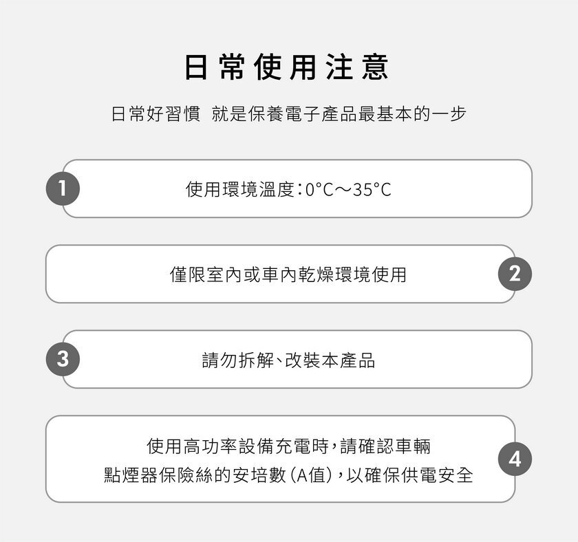 GUXON 車用充電器日常使用注意事項說明圖,呈現產品使用相關提醒