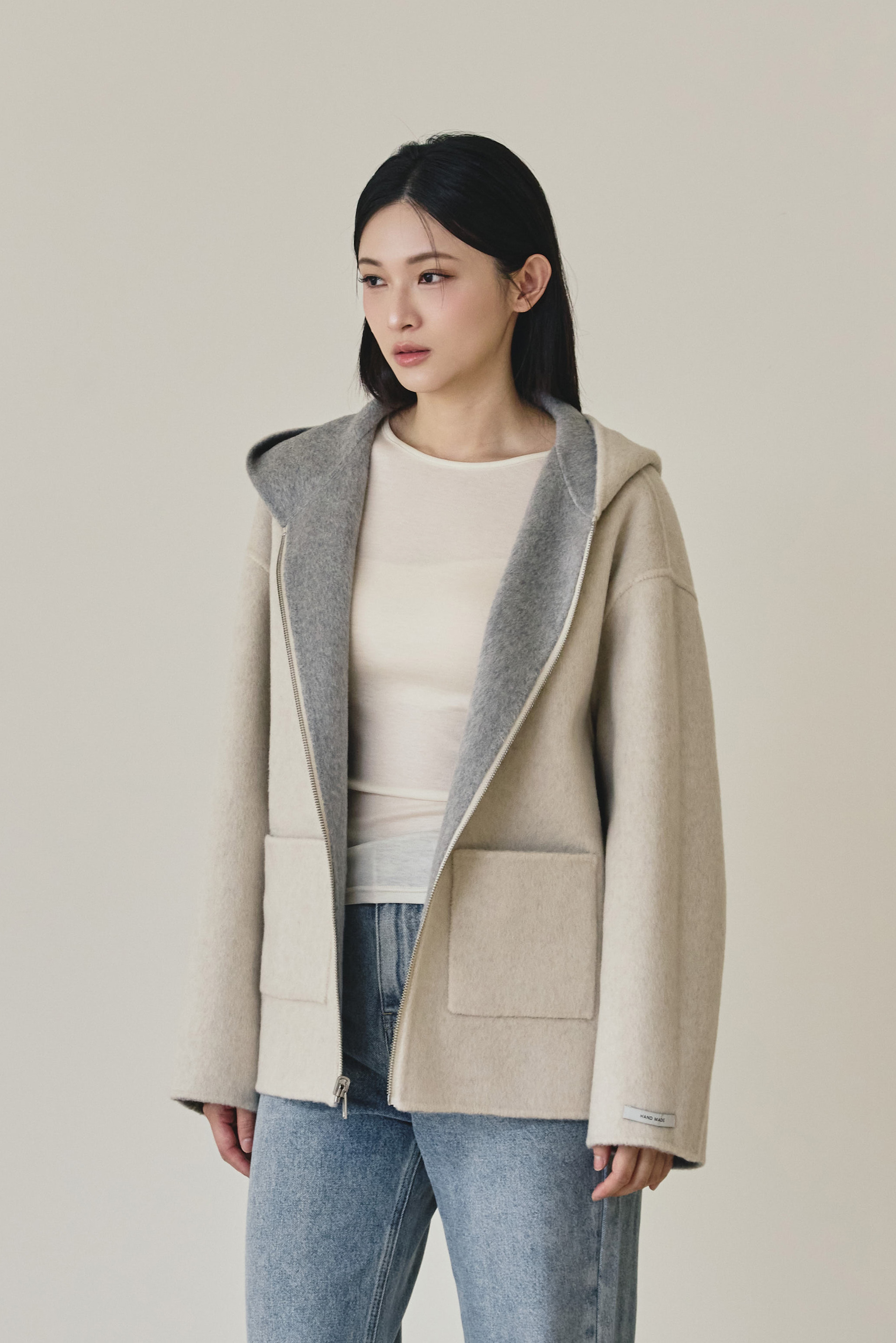 【早鳥】100% wool 雙面穿連帽手工羊毛大衣-淺灰米