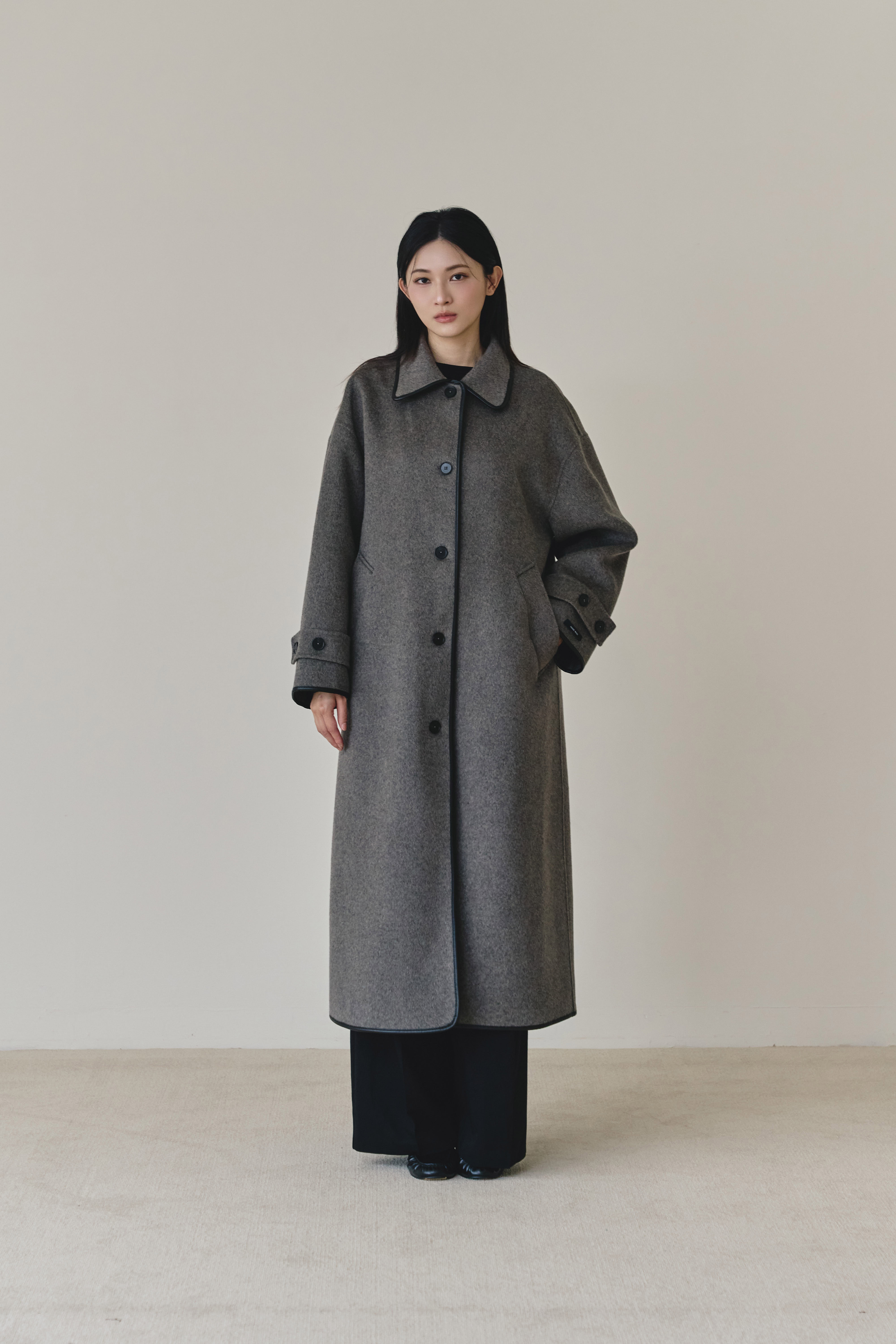 【早鳥】100% wool 皮革滾邊長版手工羊毛大衣-深灰