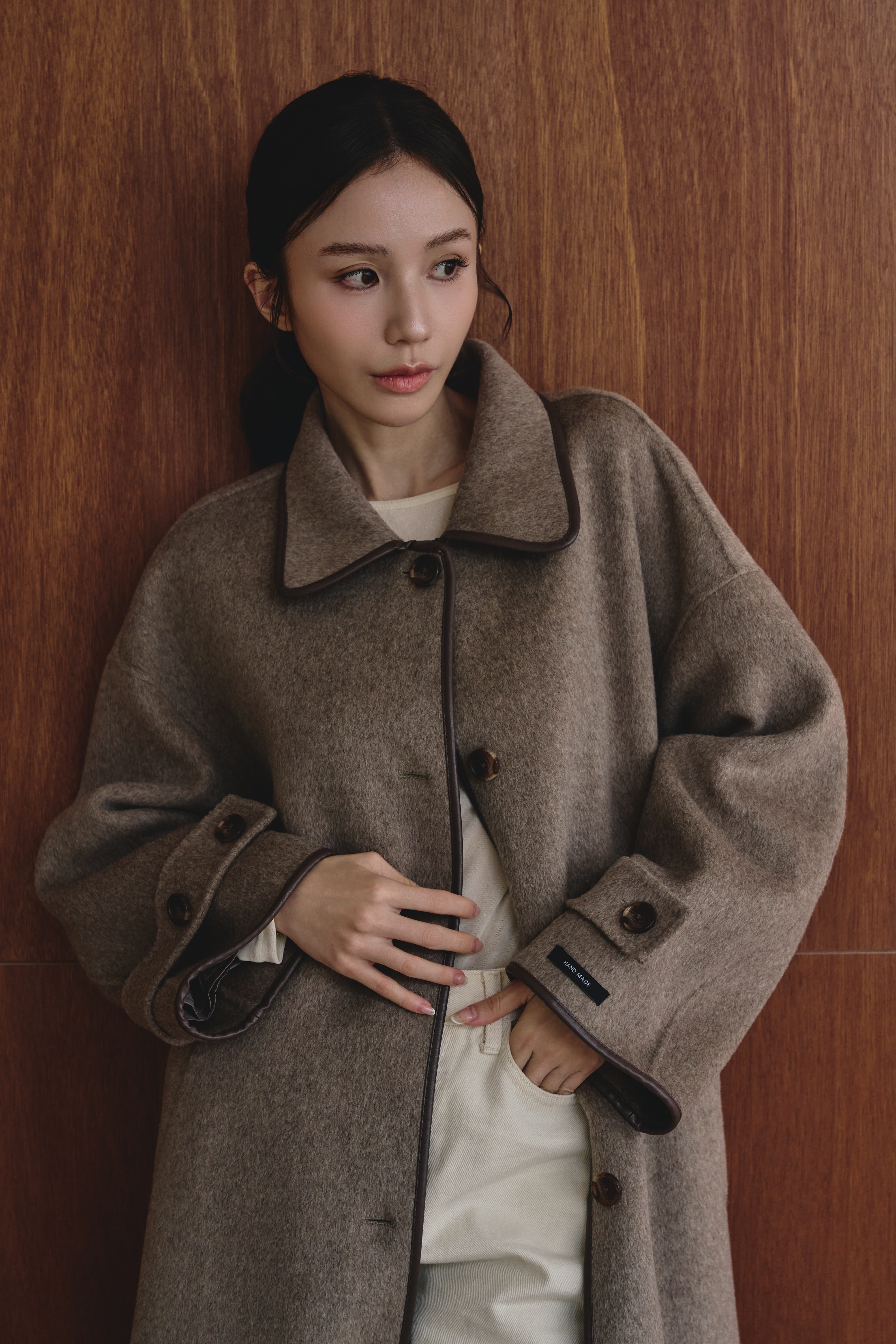【早鳥】100% wool 皮革滾邊長版手工羊毛大衣-褐棕