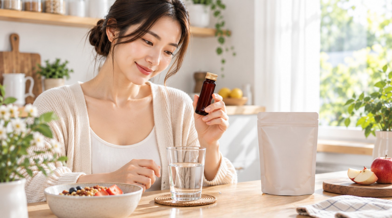女性居家補充膠原蛋白,手持小瓶搭配飲水與早餐