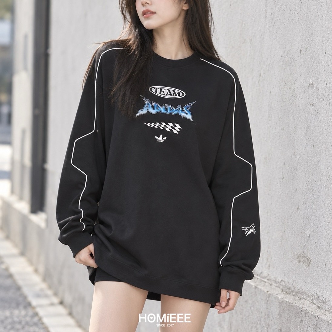 Adidas Originals Crew 衛衣 賽車風 標語 黑色 男女可穿 [JM8037]